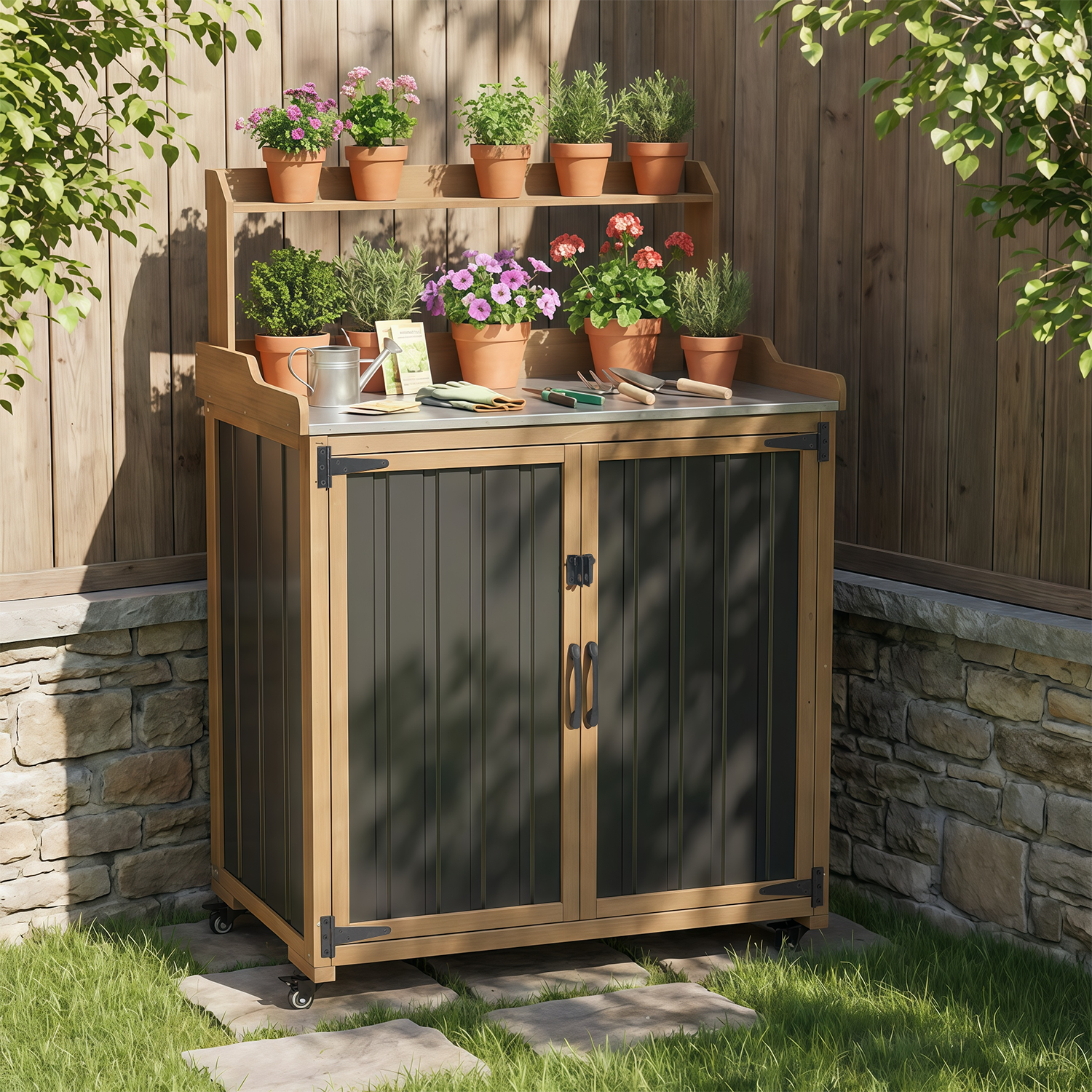 Mobile Potting Bench & Storage Cabinet with Lockable Wheels-GF40