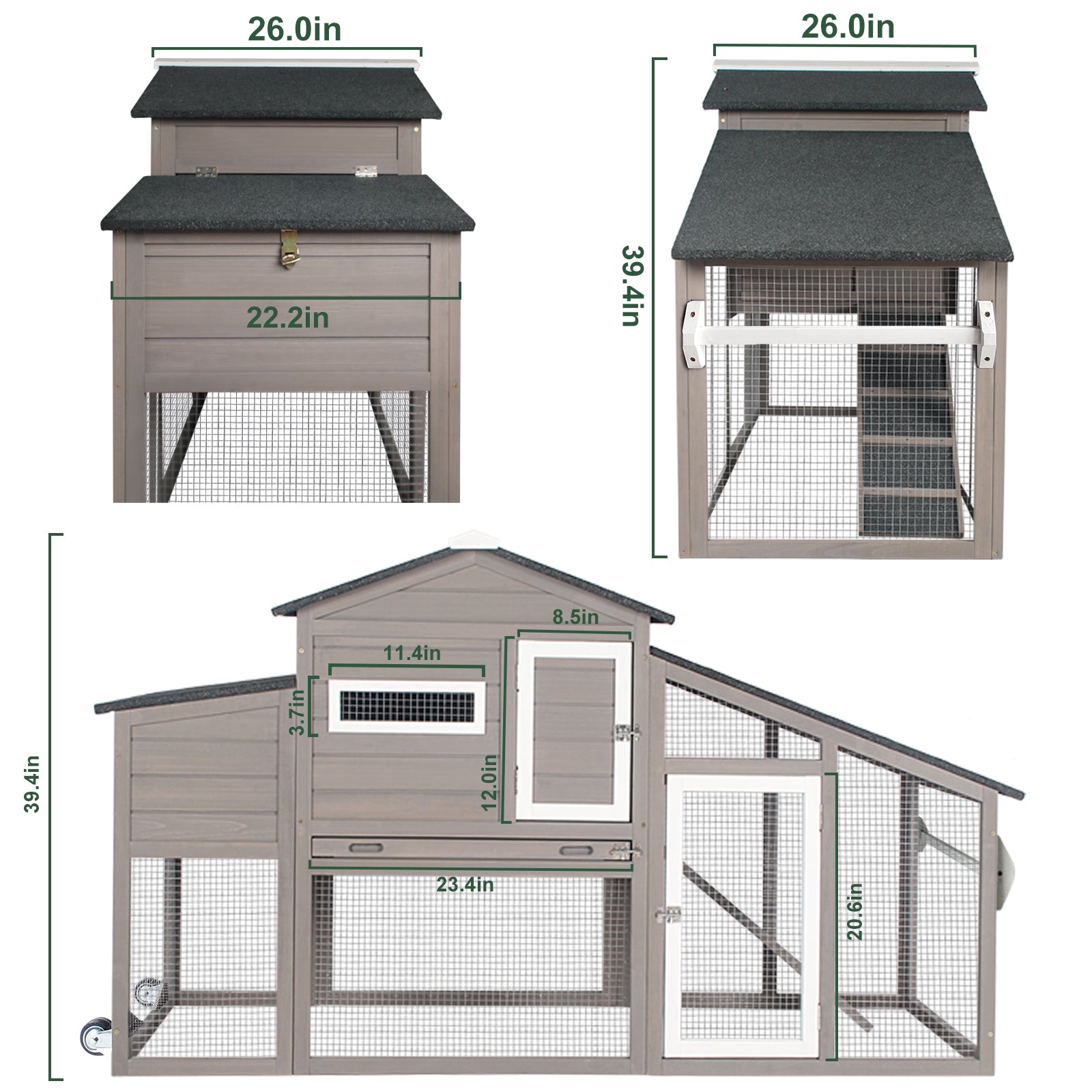Small Chicken Coop with Run for 2–3 Chickens with Wheels – 01-Gray
