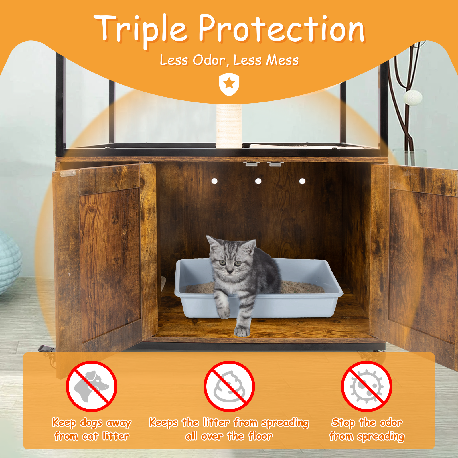 Enclosed cat litter box with built-in shelves and resting platforms
