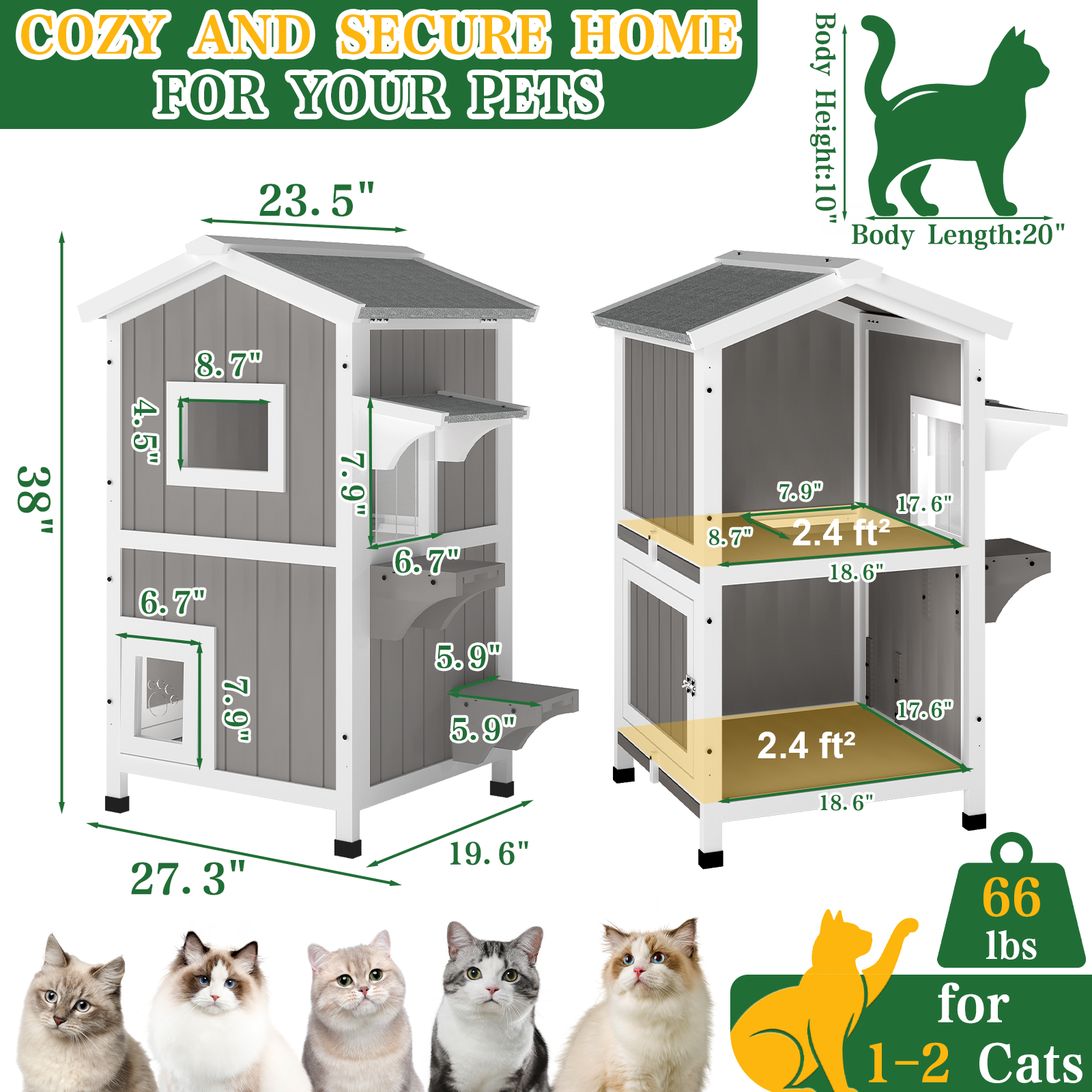 Two-Story Wooden Feral Cat Shelter with Asphalt Roof-04-GREYWHITE