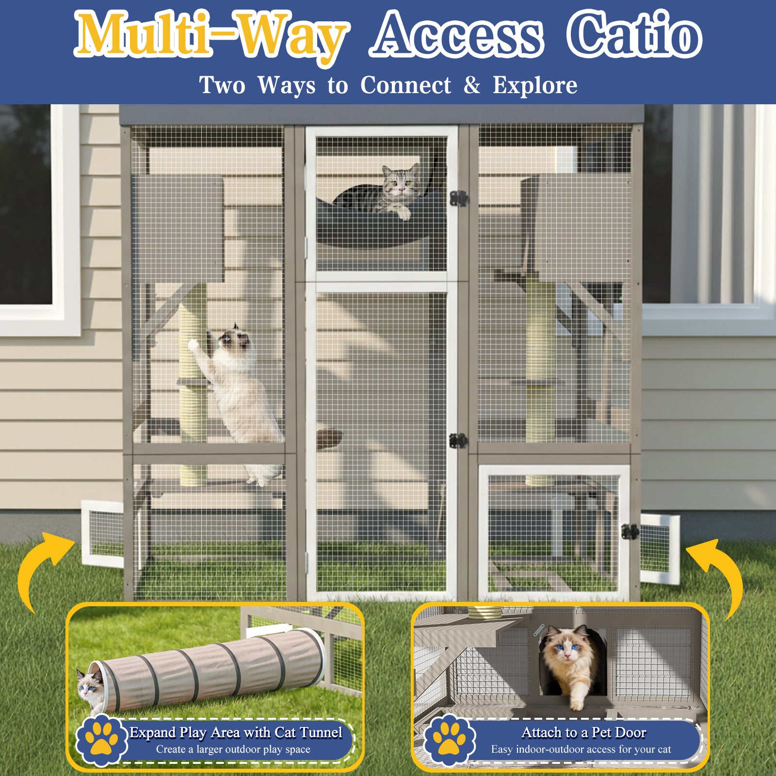 Expandable Multi-Cat Catio with 7 Platforms,2 Rooms, A Hammock & 2 Scratch Posts-PET91