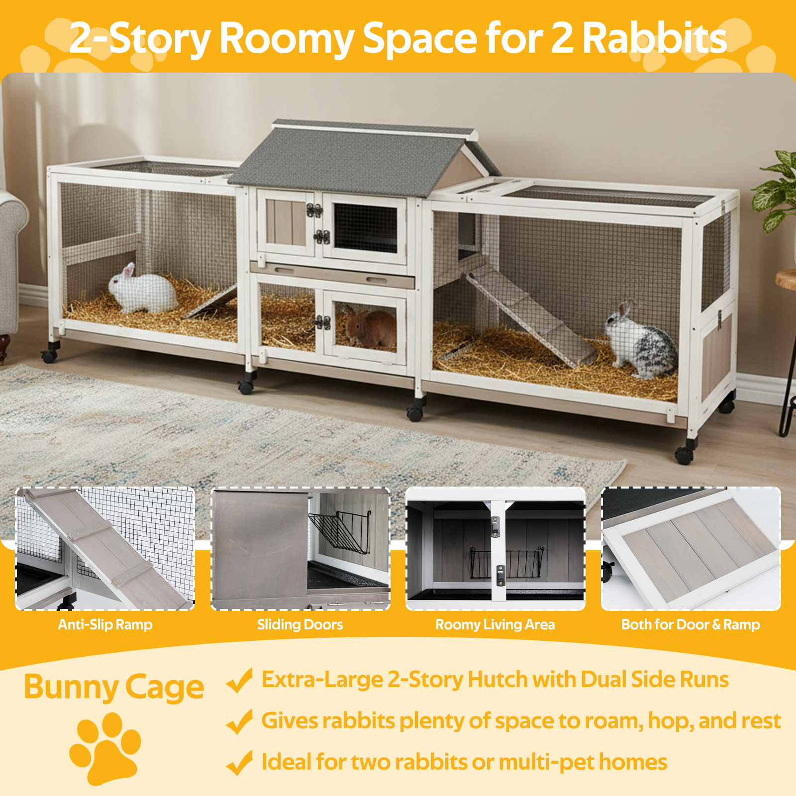 Large Outdoor Wooden Rabbit Hutch with Double Runs & Wheels-PET81