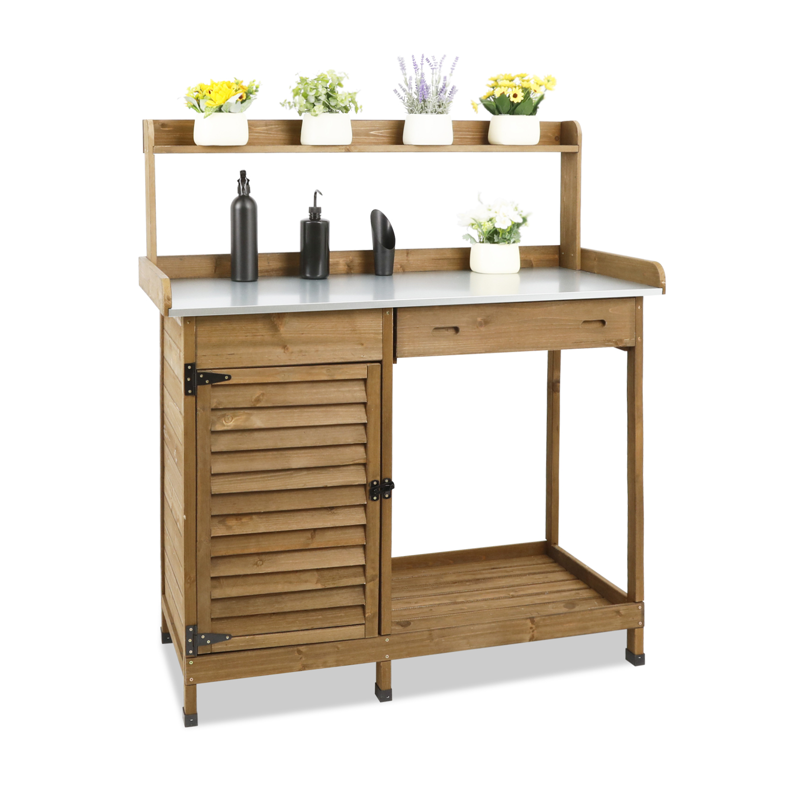 Wooden Potting Bench with Metal Tabletop, Waterproof Garden Table-Brown-GF10