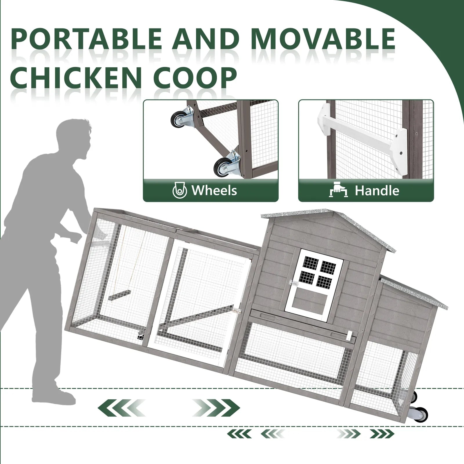 Medium Chicken Coop for 3-5 Chickens with Nesting Box, Tray and Wheels