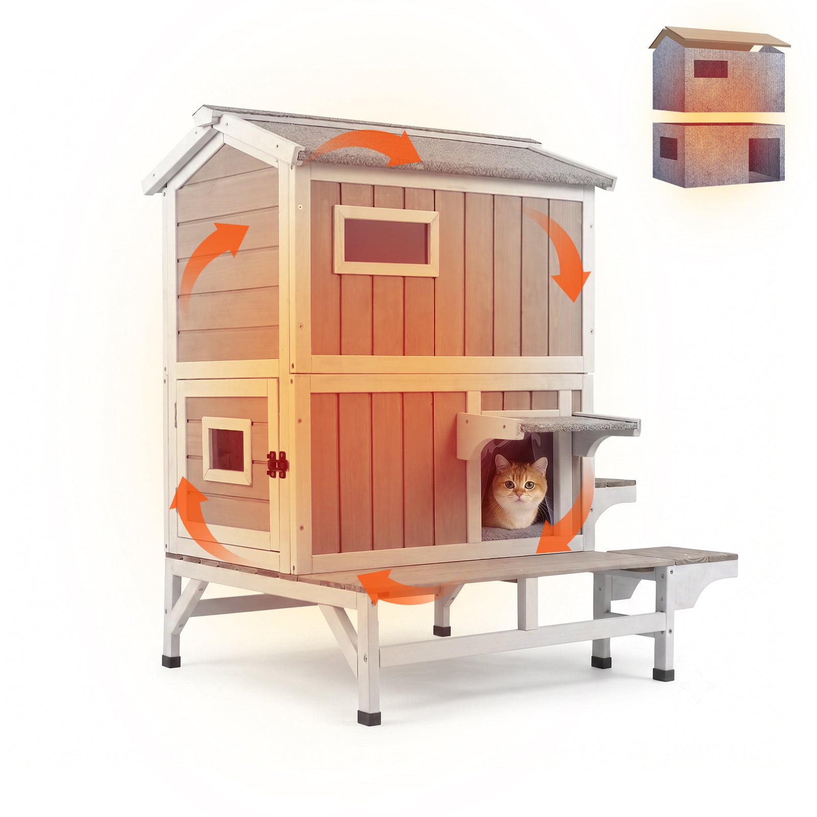 2-Story Insulated Wooden Cat House with Balcony & Open Roof