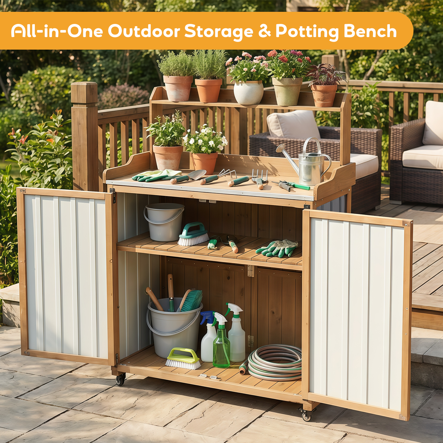 Mobile Potting Bench & Storage Cabinet with Lockable Wheels-GF40