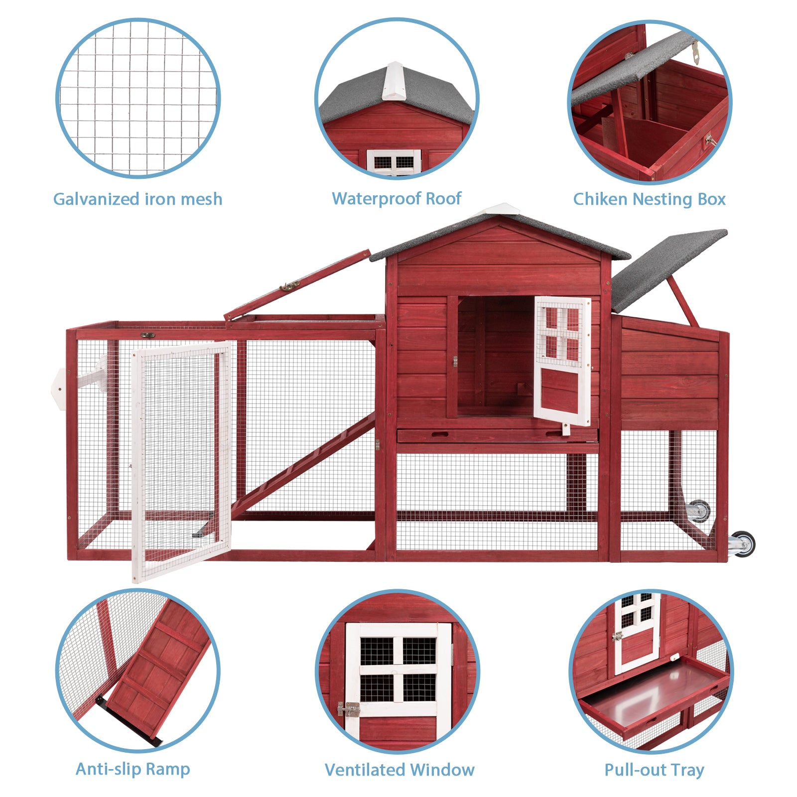 78.7″ Combinable Wooden Chicken Coop with Wheels & Run-PET21W-REDWHITE
