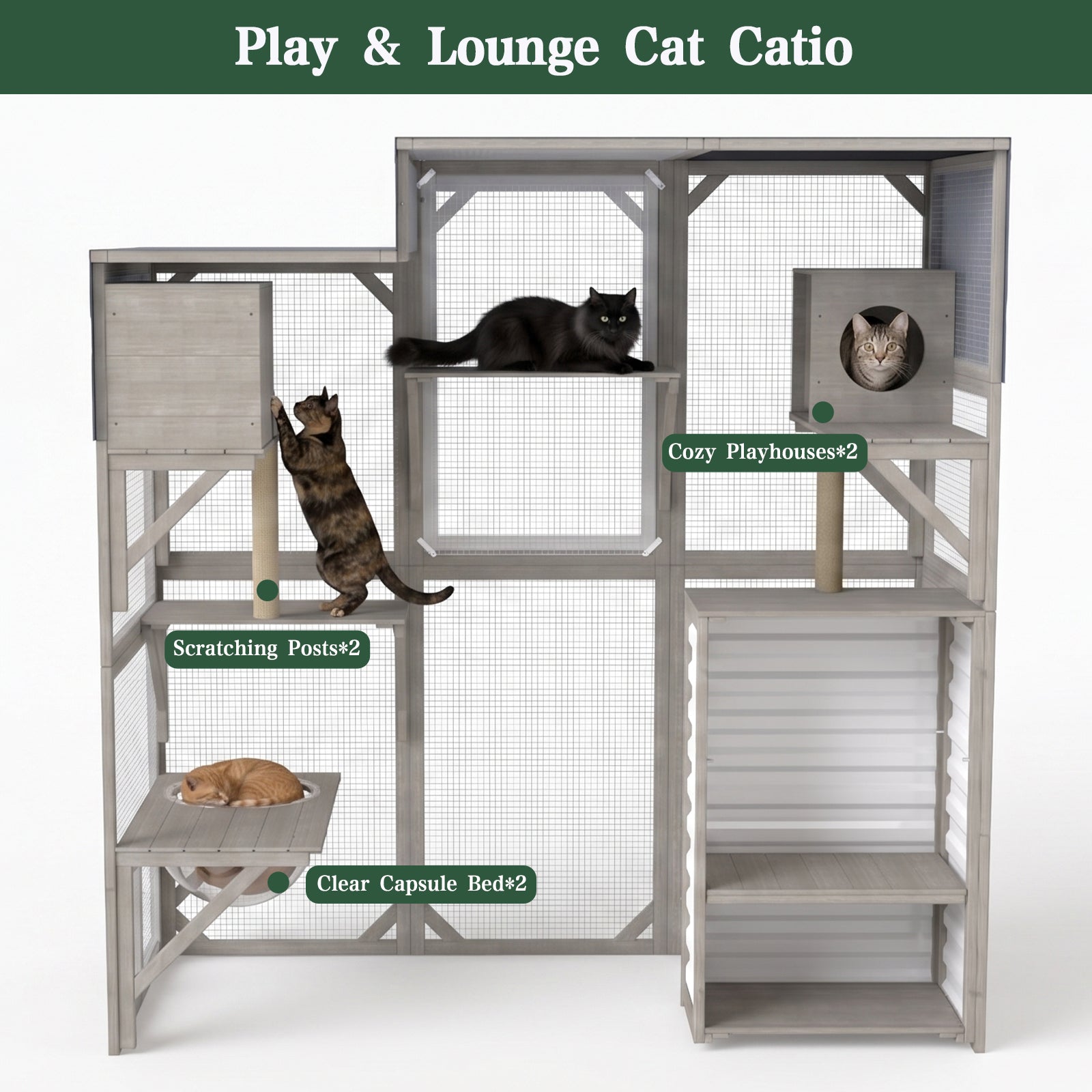 Large Walk-in Wooden Catio with Storage Cabinet, 7 Platforms, Resting Boxes, Scratching Posts – PET96