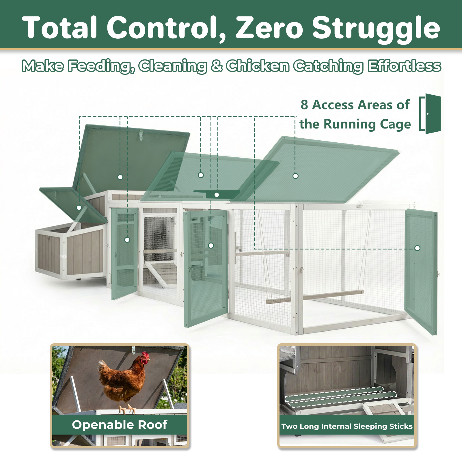 106" Chicken Coop with Run for 2-6 Chickens, 4 Nesting Boxes & Swing-PET8488