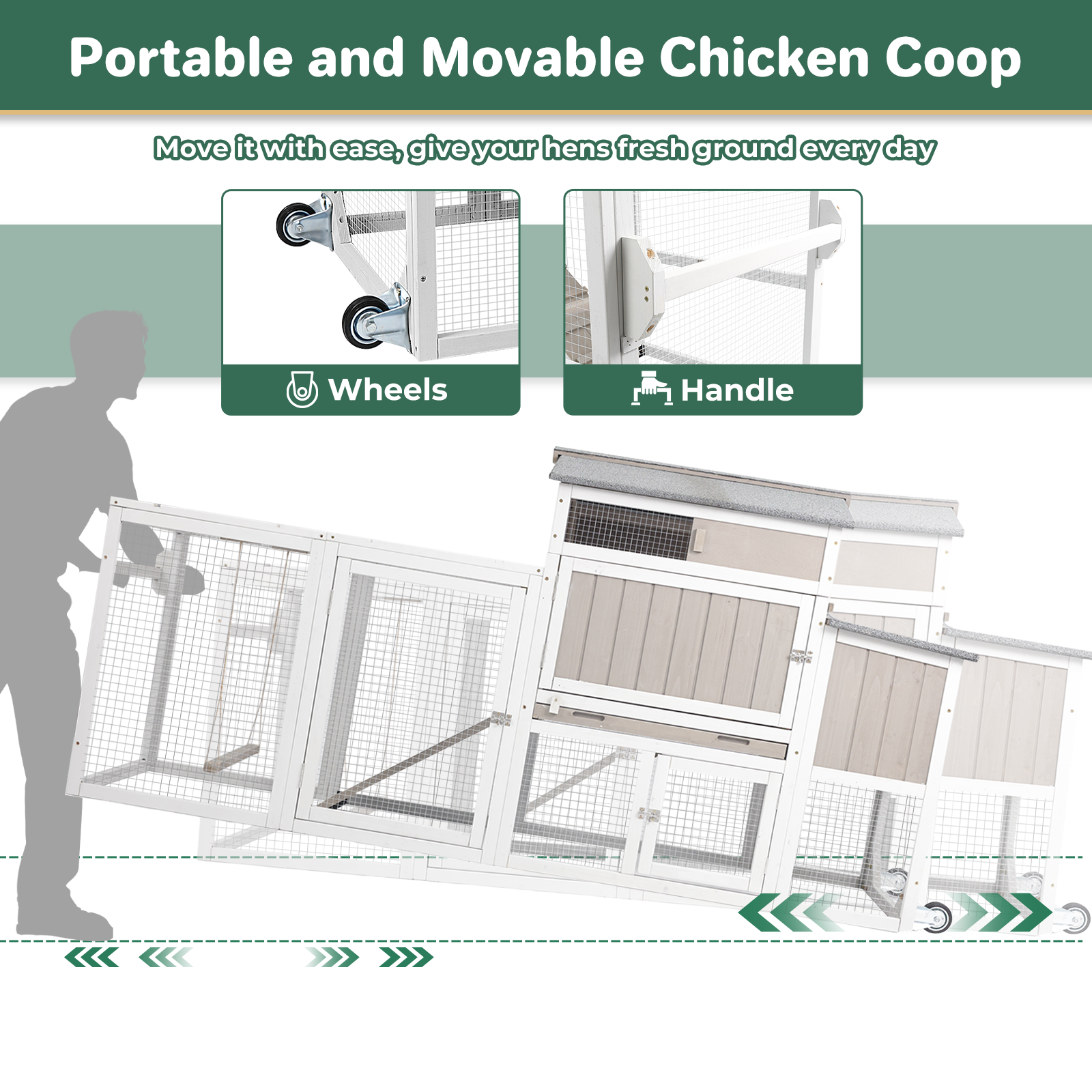 Weatherproof Hen House Chicken Coop on Wheels with Run-PET82-GREYWHITE