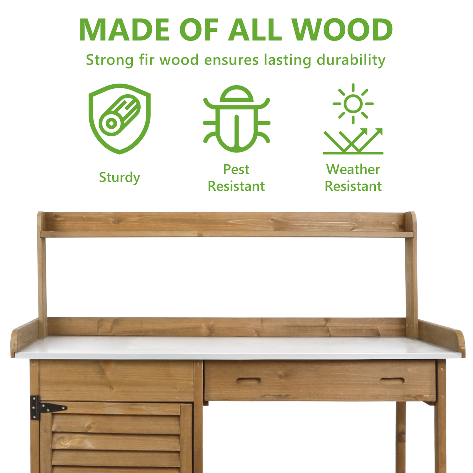 Wooden Potting Bench with Metal Tabletop, Waterproof Garden Table-Brown-GF10