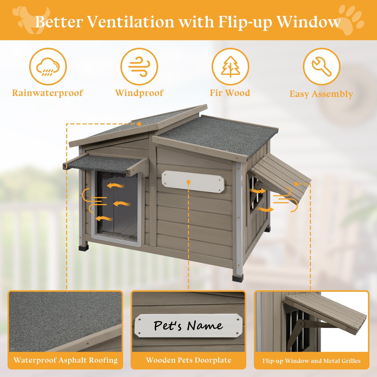 PET68 dog house placed on backyard concrete floor