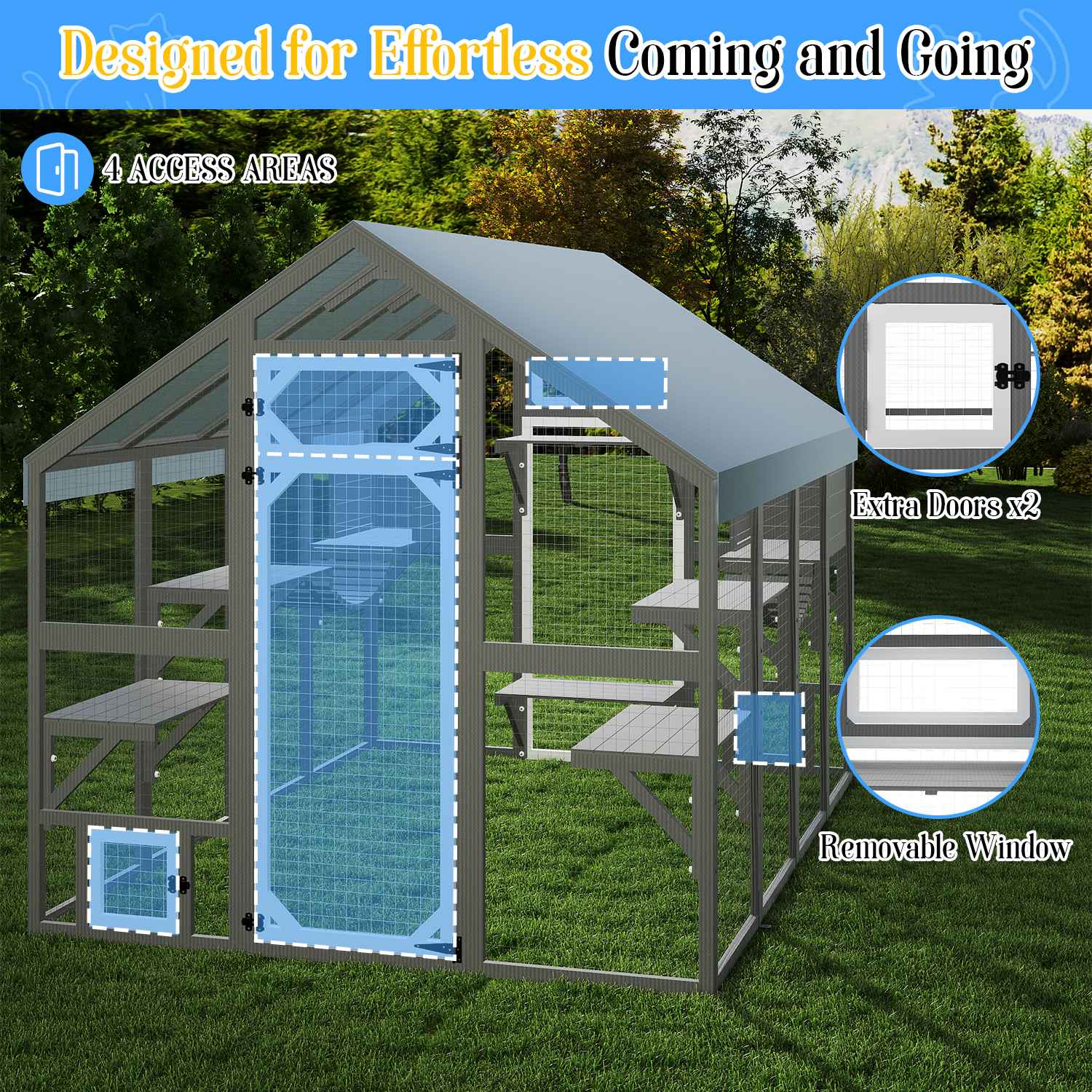 PETSCOSSET Extra Large Outdoor Catio, Weatherproof Walk-In Cat Enclosure with Bridges, Full Cover, 8 Platforms & 2 Resting Boxes
