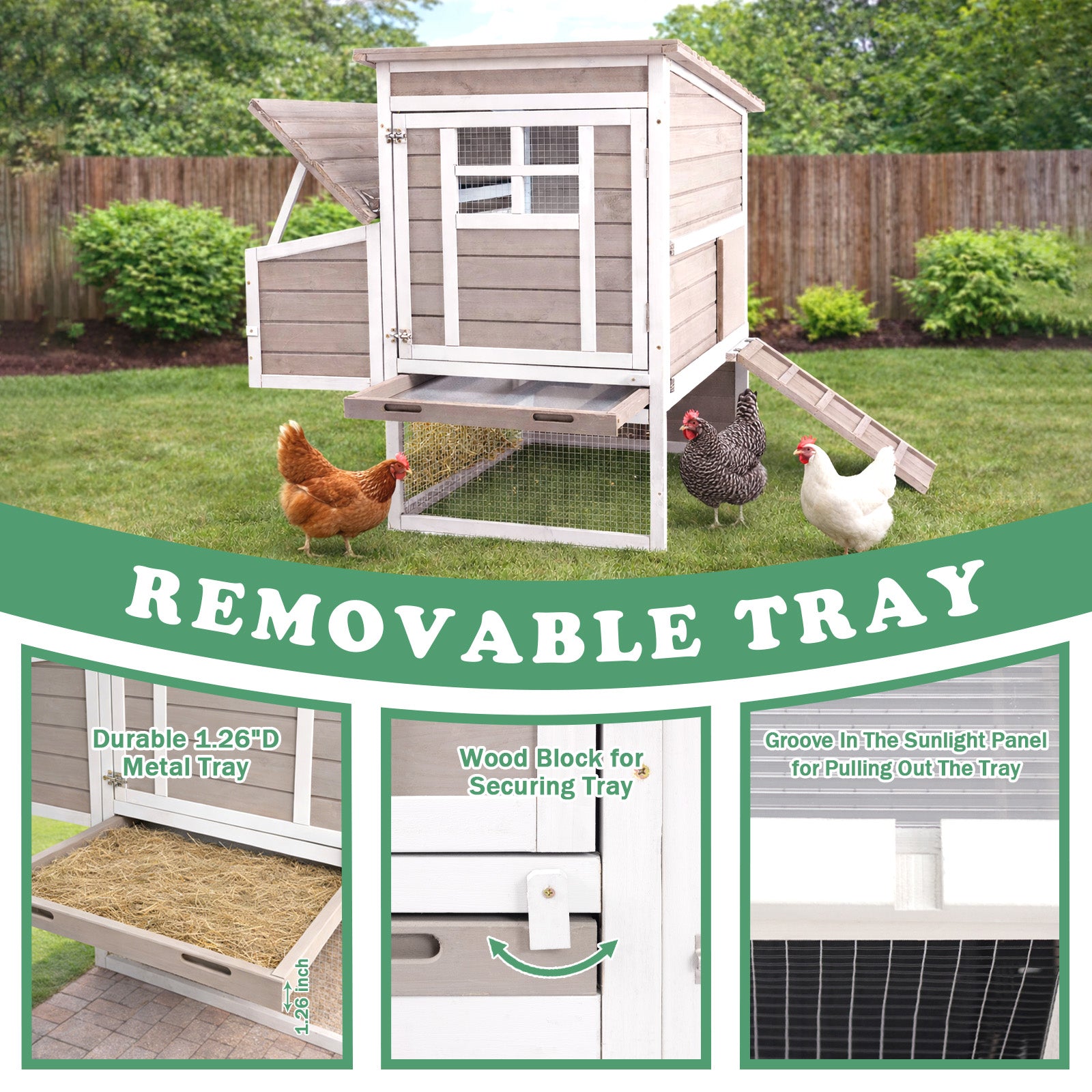 PETSCOSSET Wooden Chicken Coop, Elevated Hen House with 3-Compartment Nesting Box