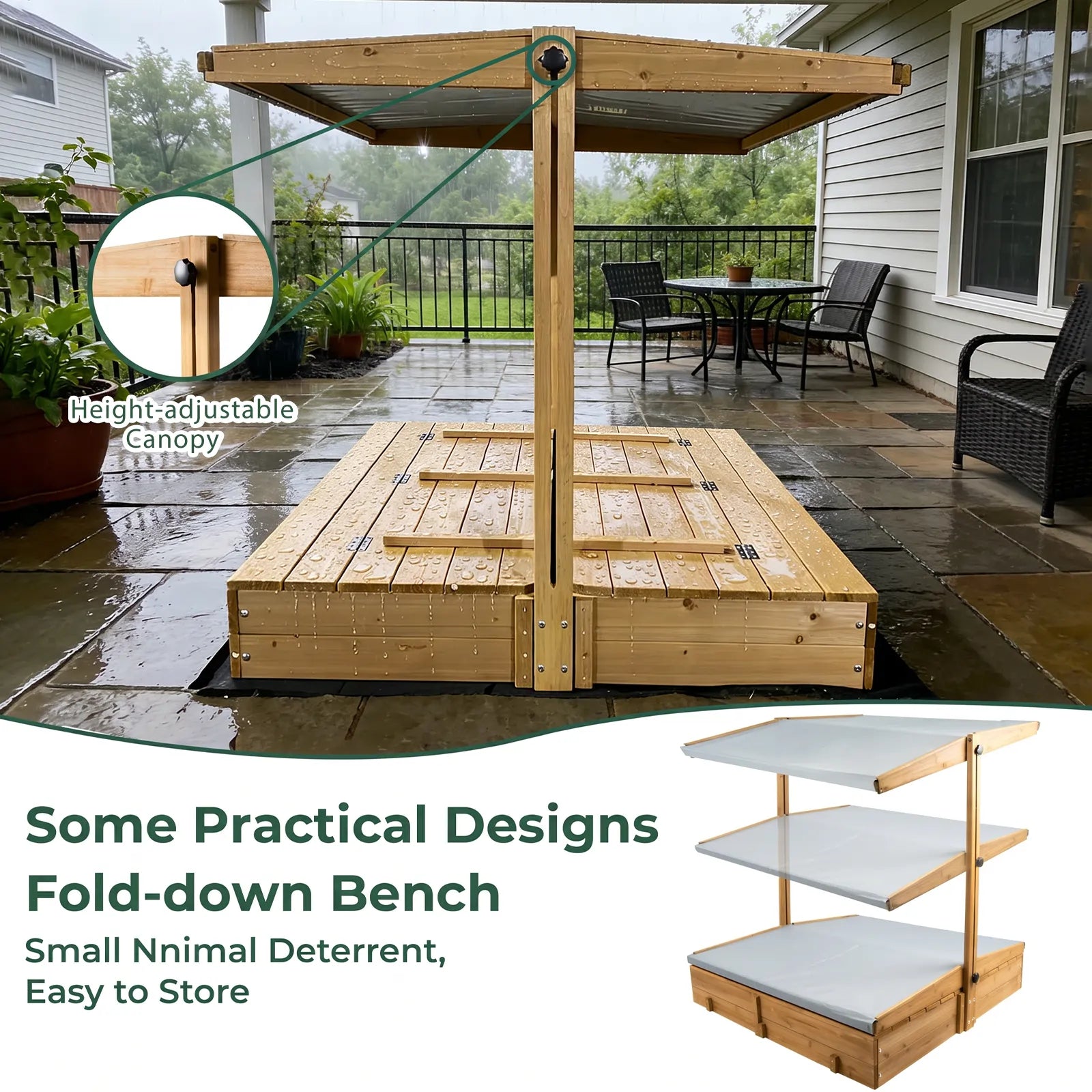 Kids Sand Box - Wooden Outdoor Rotatable Canopy Brown - GF01