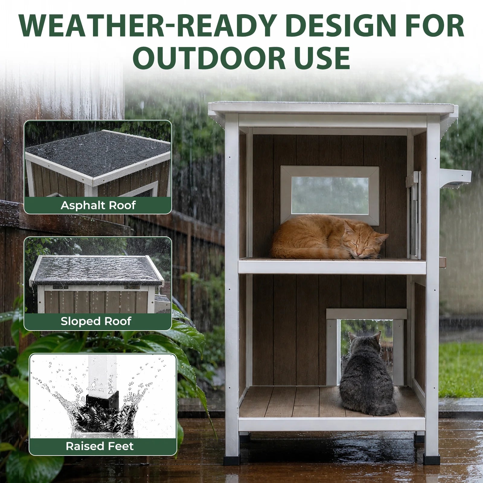 2-Story Weatherproof Wooden Cat House Spacious Outdoor Shelter - PET20