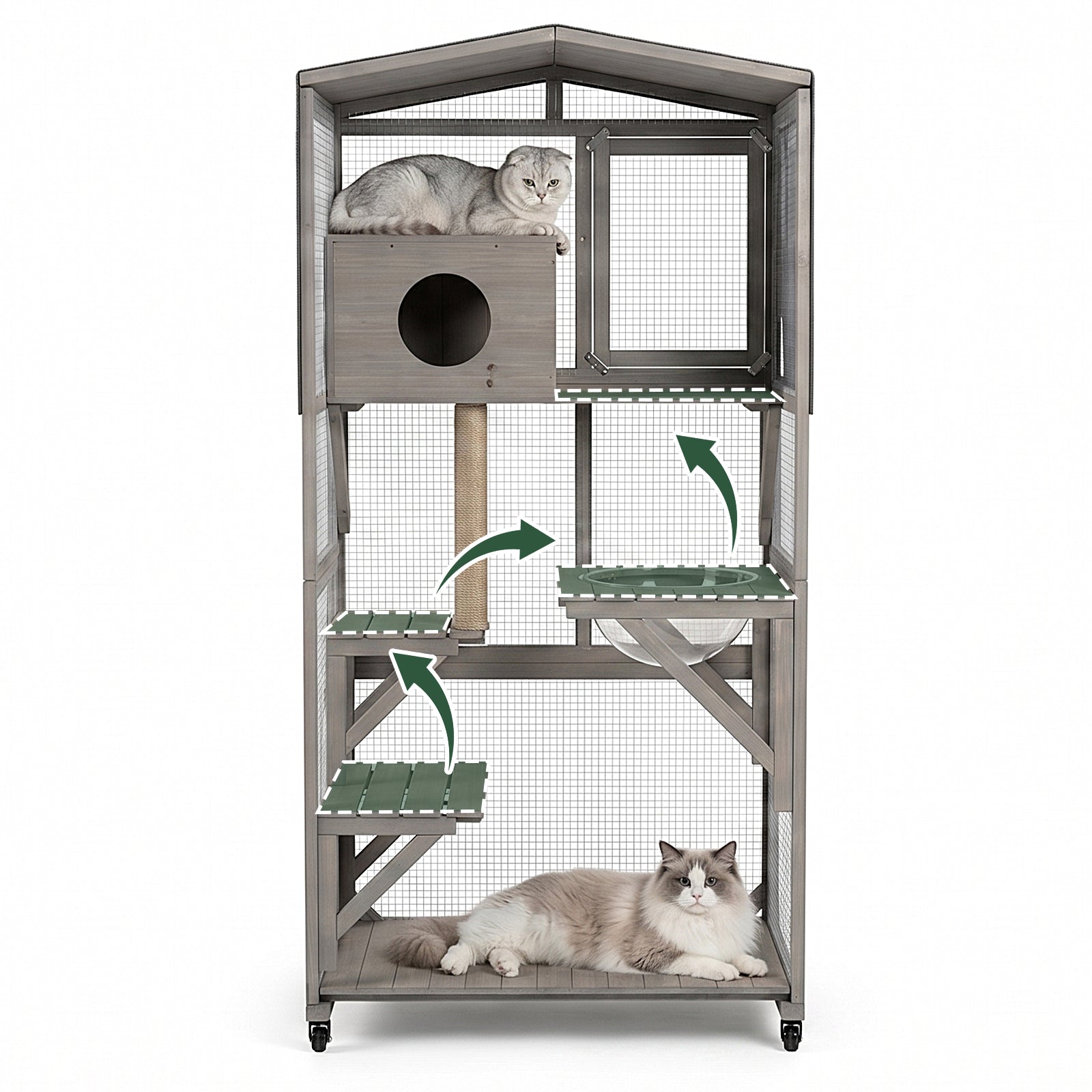Rolling Wooden Catio with Platforms, Cat Condo & Clear Lounge Area-PET95