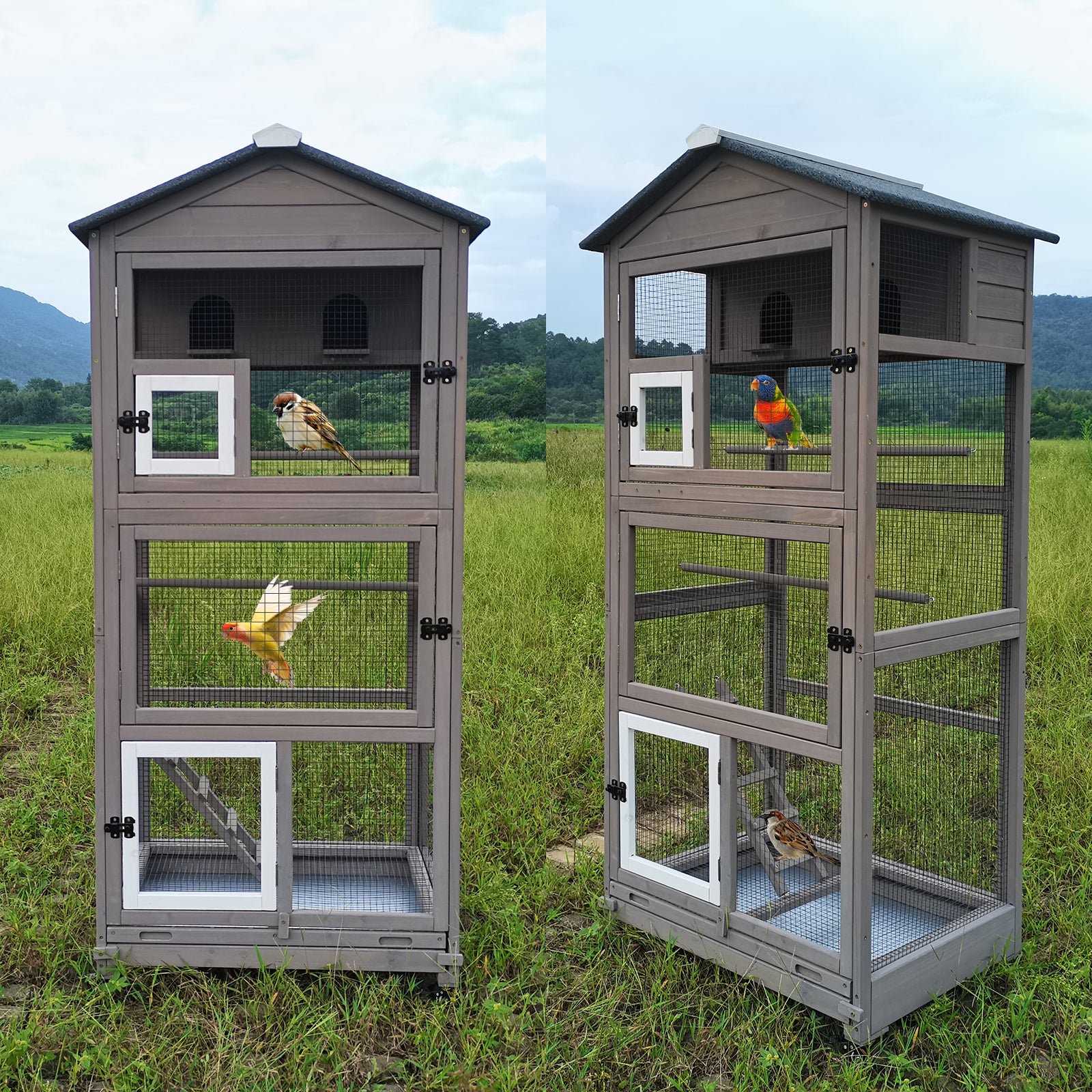 Full view of bird cage with wheels and perches