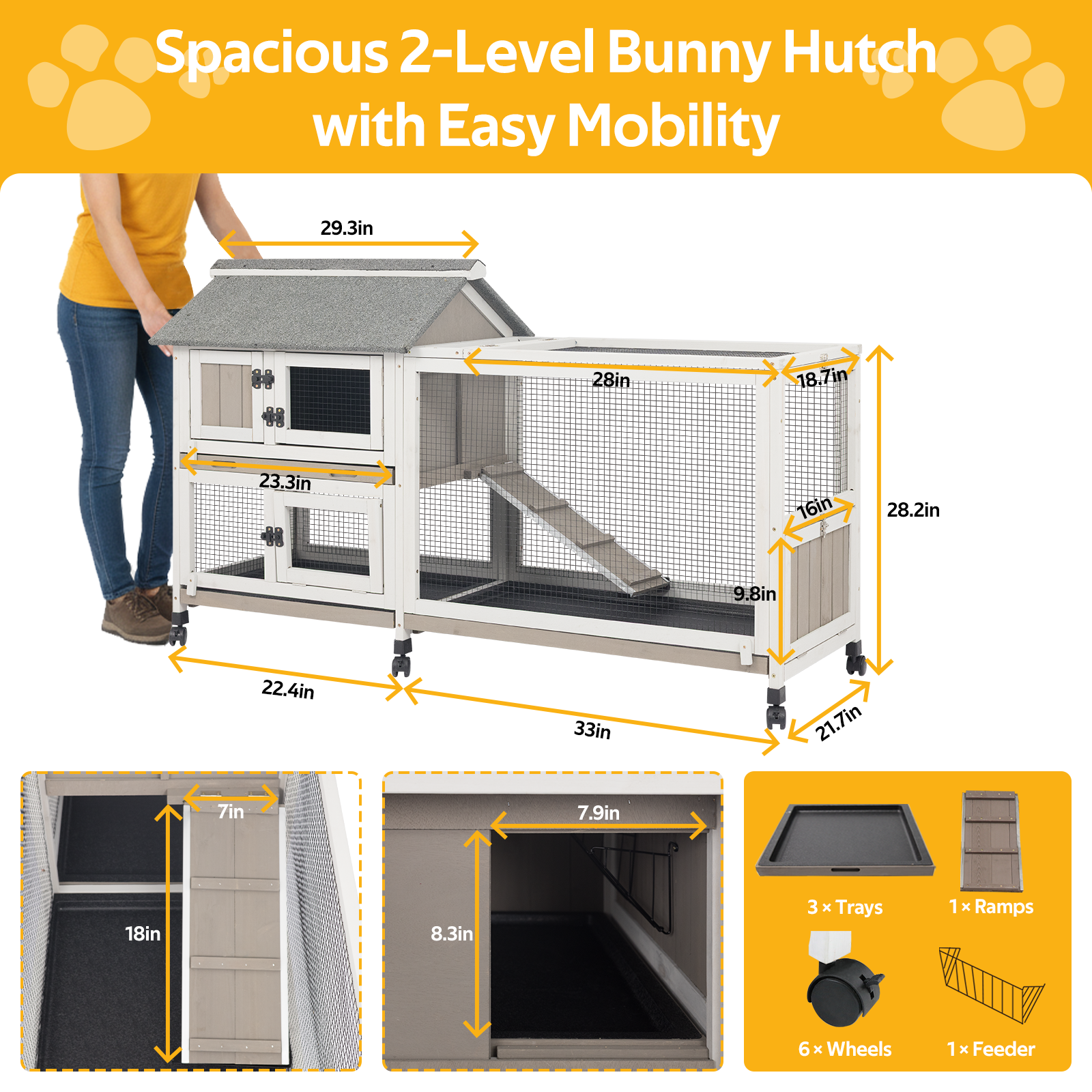 PETSCOSSET Rabbit Hutch Outdoor Indoor Bunny Hutch with Run 2-Story Large Rabbit Cage on 6 Wheels, 3 Leak Proof Trays, Ramp, Waterproof Roof for Small to Medium Animals, Expandable Design