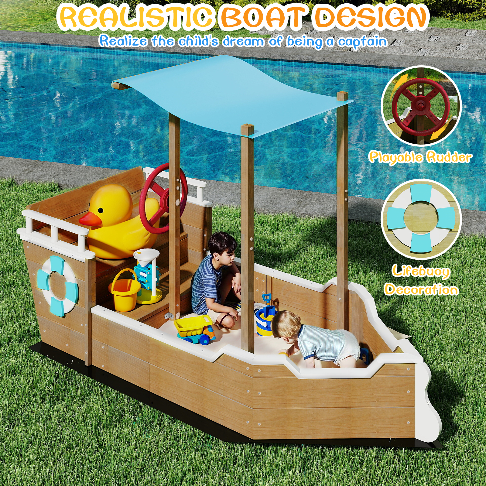 UV-Resistant Ship Sandbox with Built-in Seats & Storage, Liner, for Kids 2-8-GF02