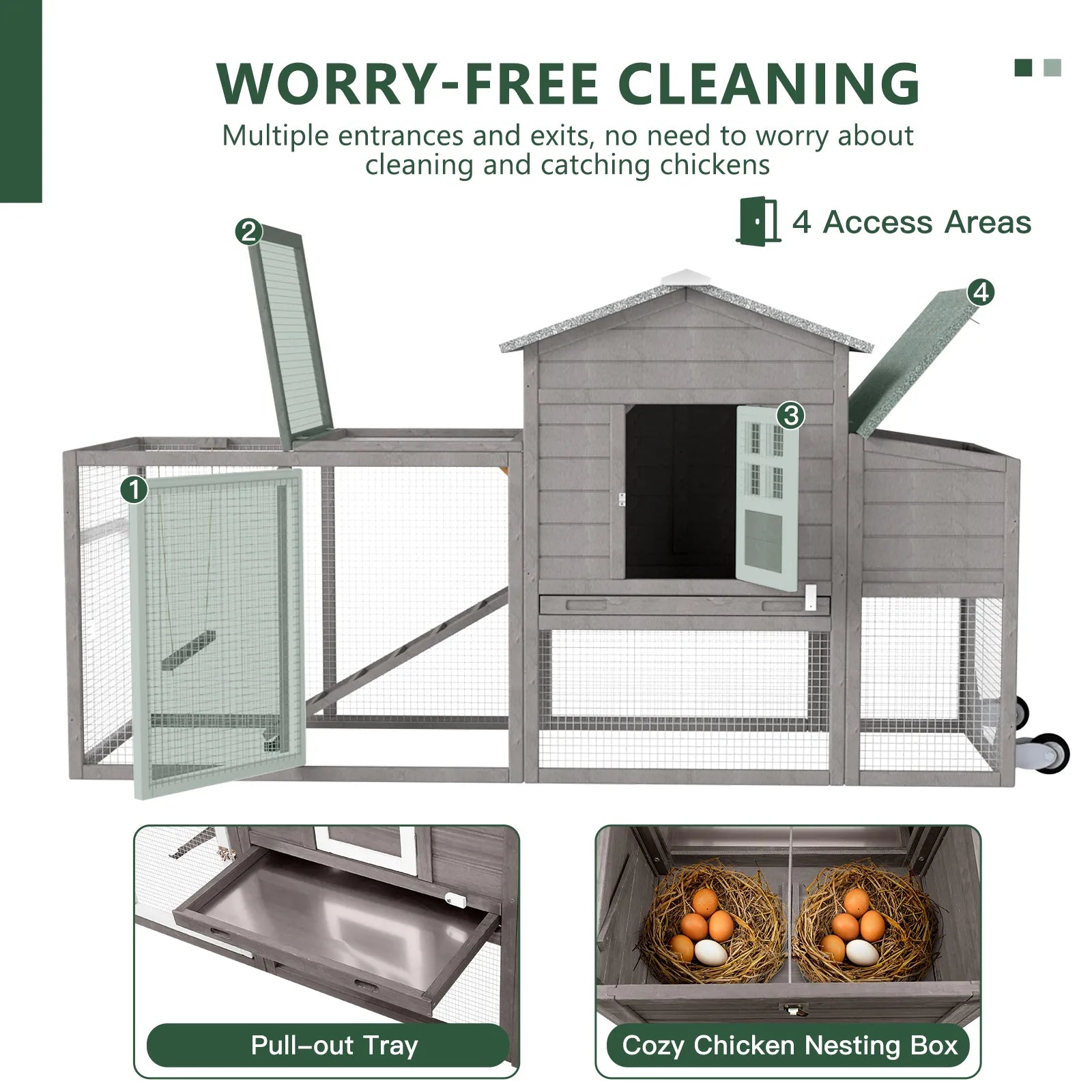 Medium Chicken Coop for 3-5 Chickens with Nesting Box, Tray and Wheels