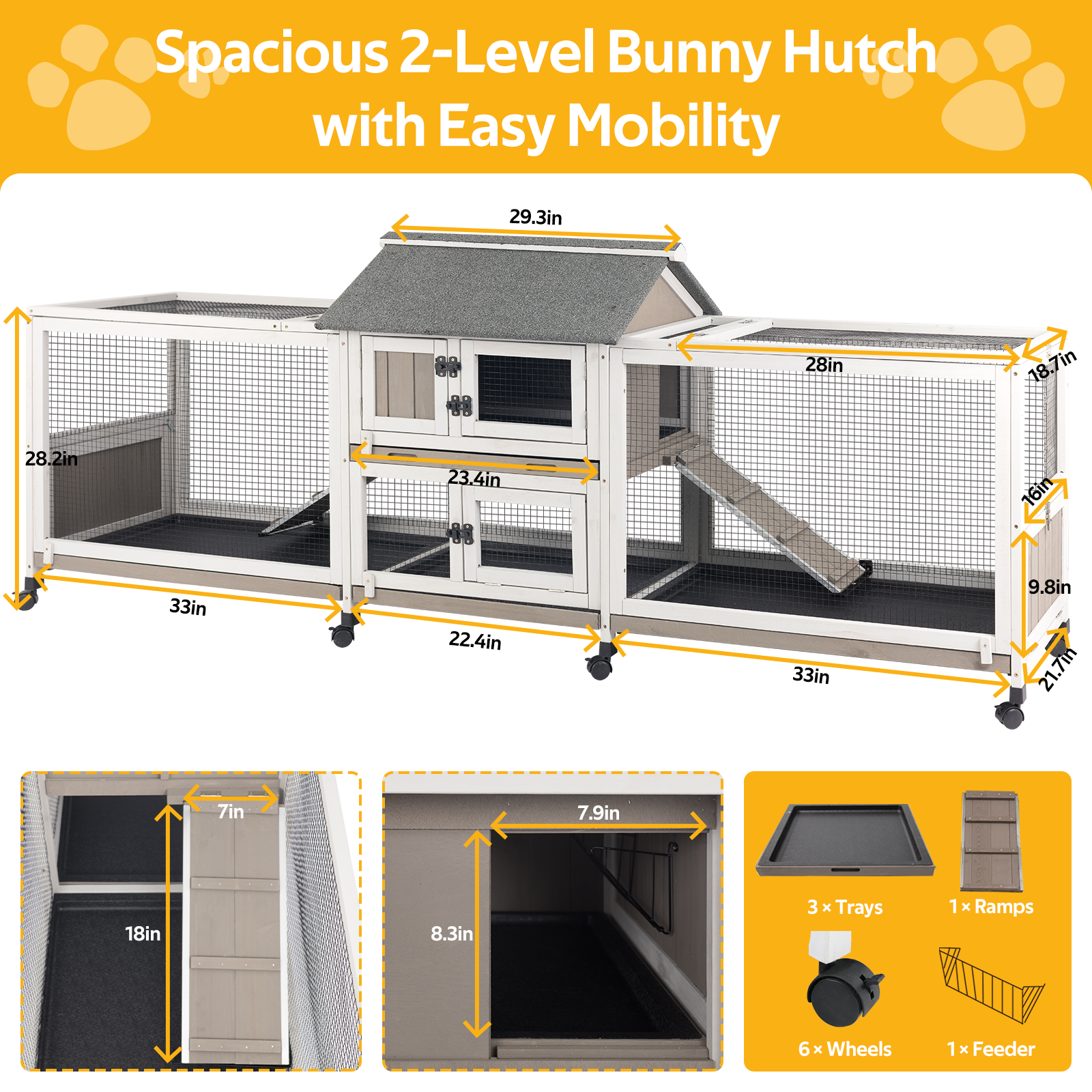 PETSCOSSET Double Rabbit Hutch Outdoor Indoor Large Bunny Cage with Dual Side Runs, 2-Story Wooden Hutch with 4 Leak Proof Trays, 8 Wheels, Waterproof Roof, Ramp, for Small to Medium Animals