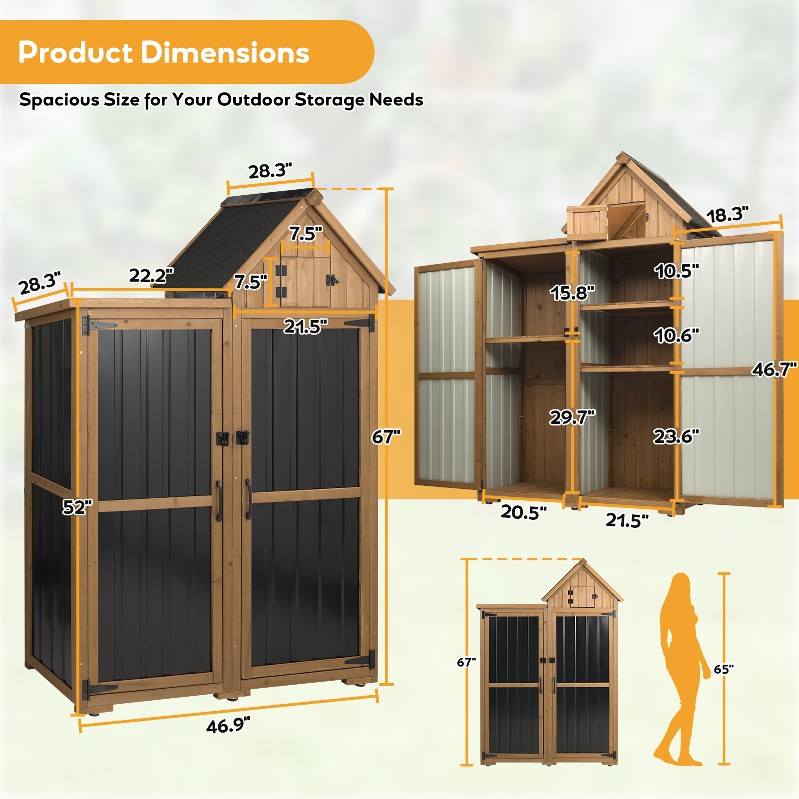 Outdoor Storage Cabinet, Wood & Metal Garden Shed with Lockable Doors-GF41