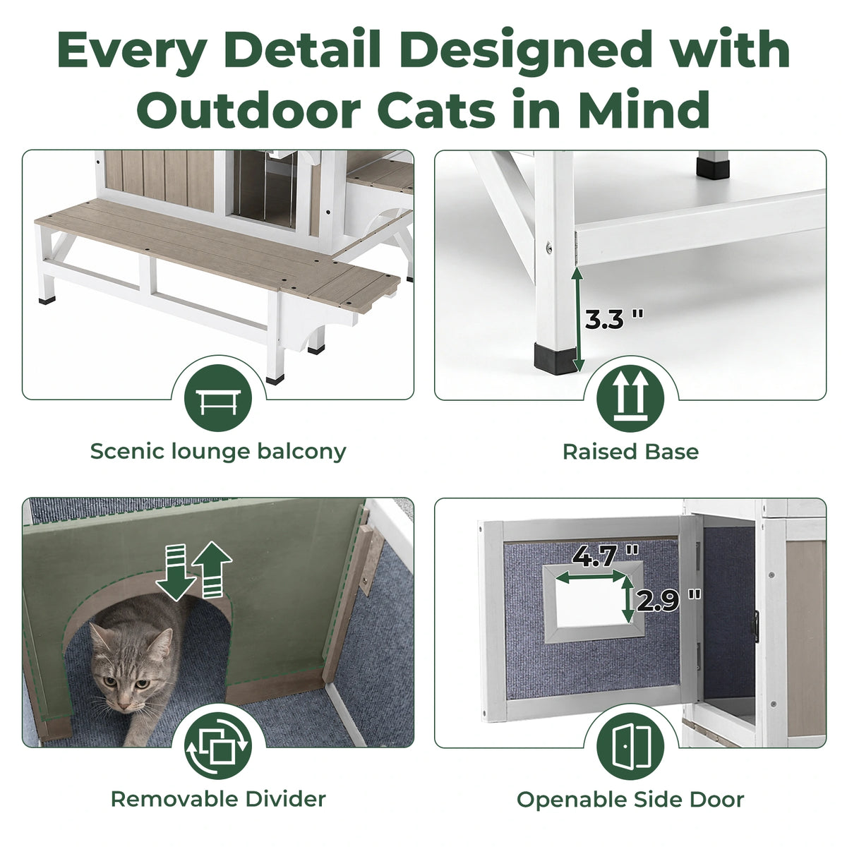 2-Story Insulated Wooden Cat House with Balcony & Open Roof - PET73-TI