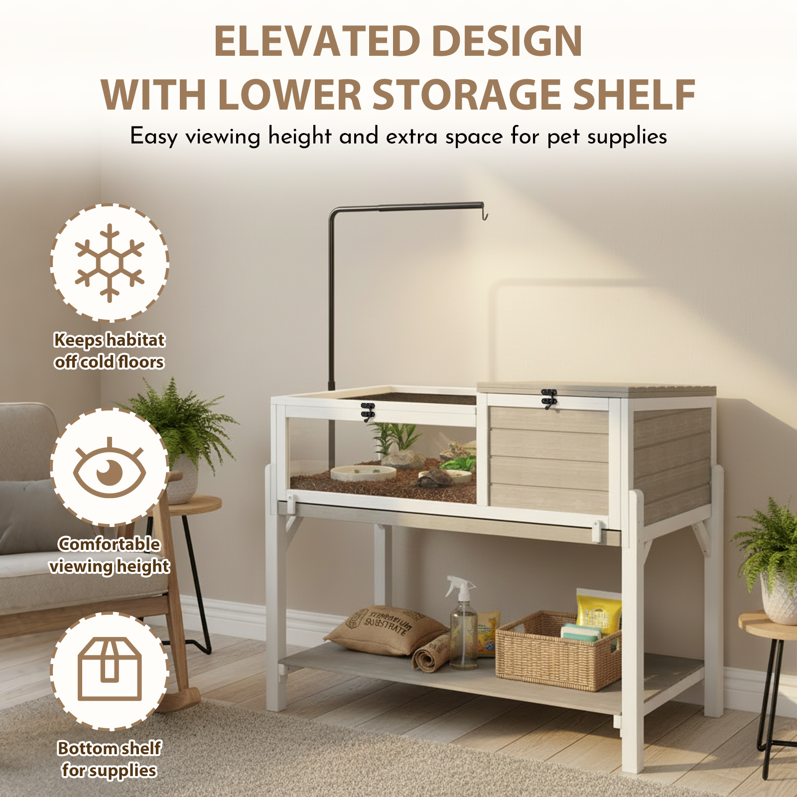 Wooden Tortoise Enclosure with Detachable Legs, Light Stand & Storage Shelf-TOR04