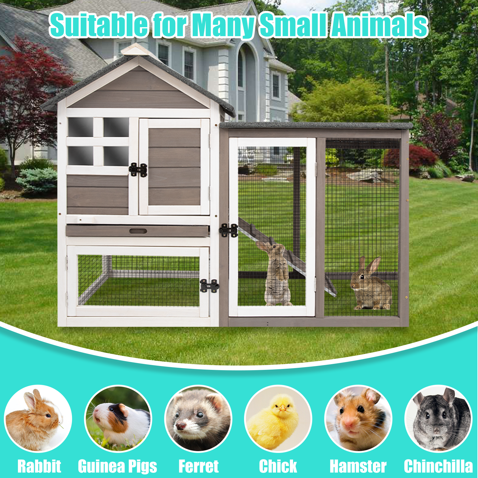 PETSCOSSET Rabbit Hutch Bunny Cage Indoor, Two-Story Large Rabbit Cage Guinea Pig House with Tray, Gray