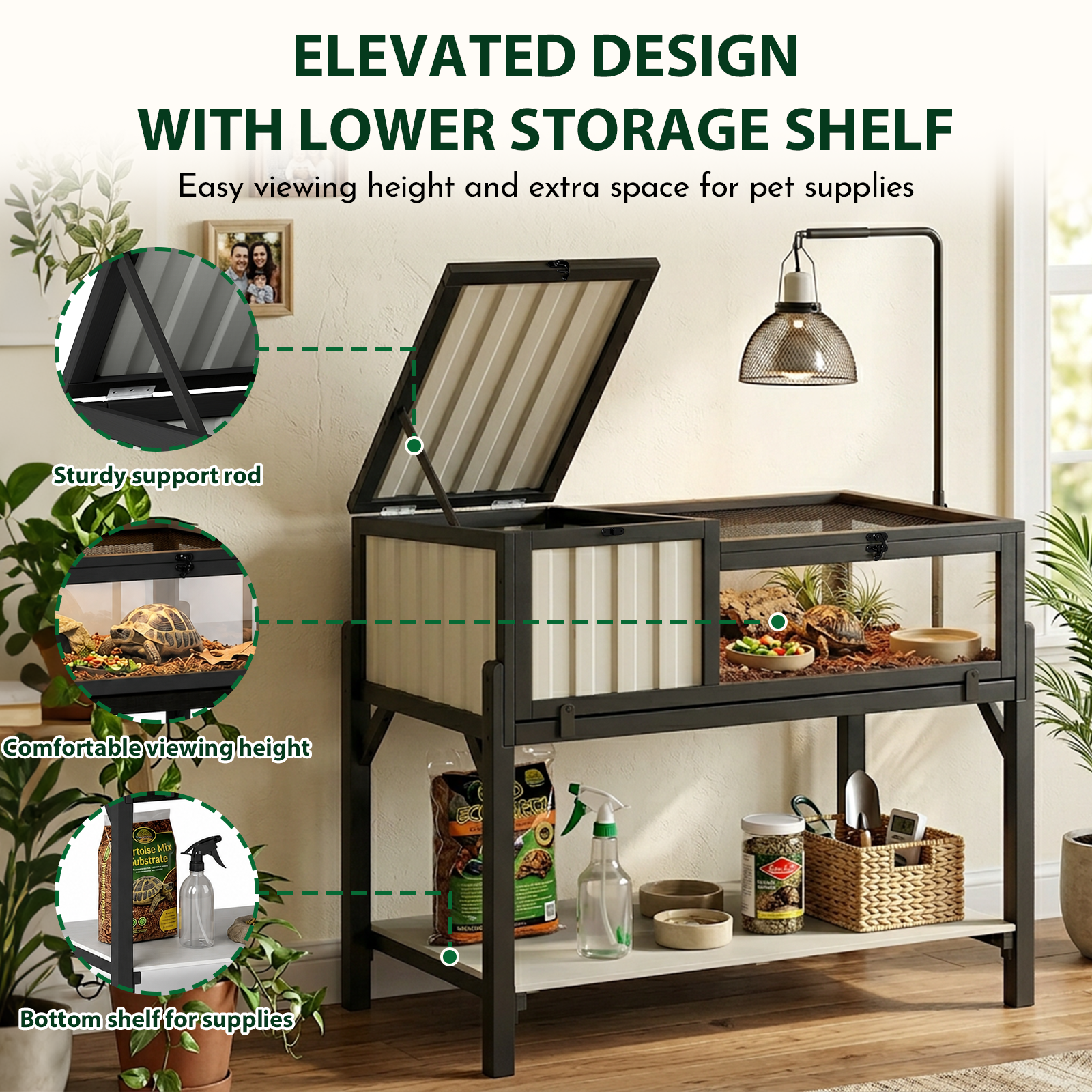 Tortoise Enclosure with Detachable Legs, Light Stand & Storage Shelf-TOR05