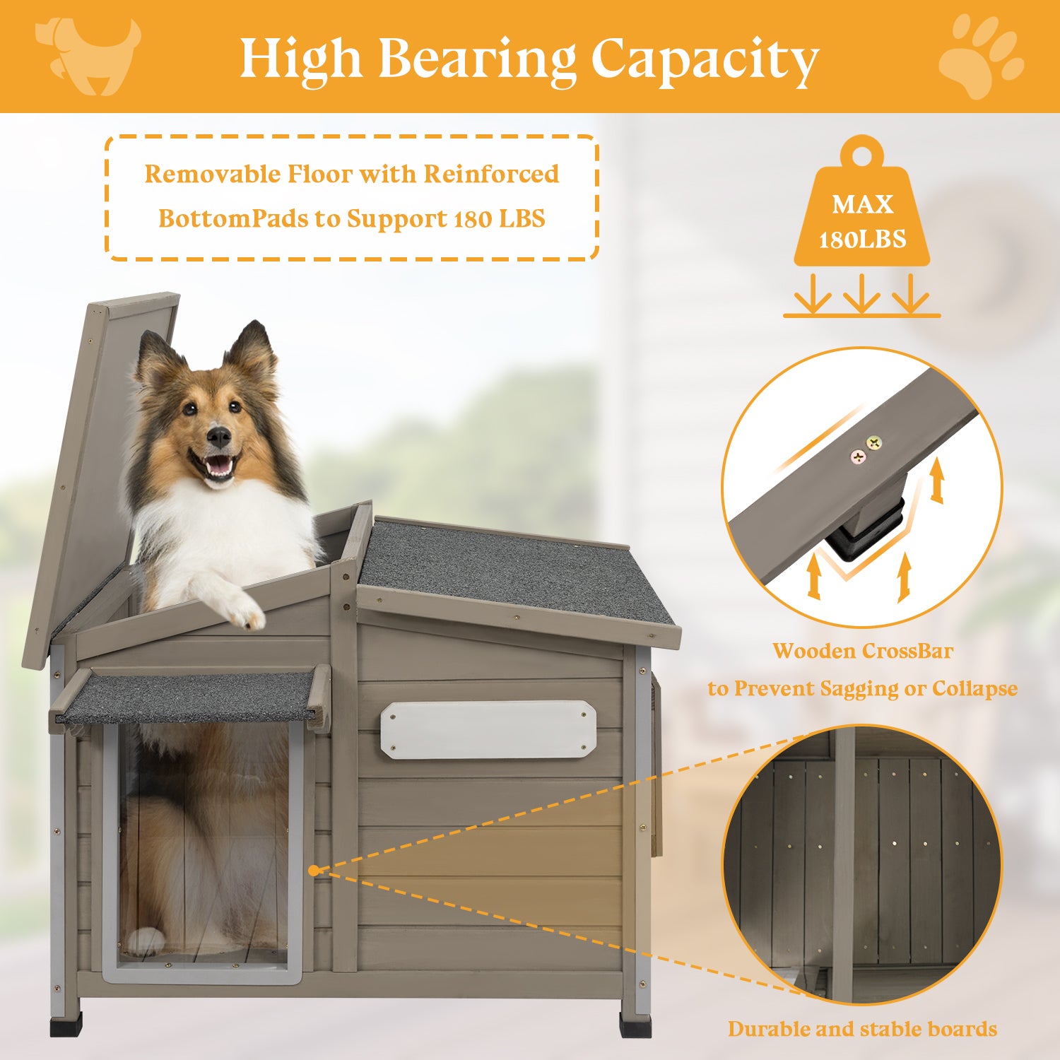 Raised wooden dog house with iron frame support