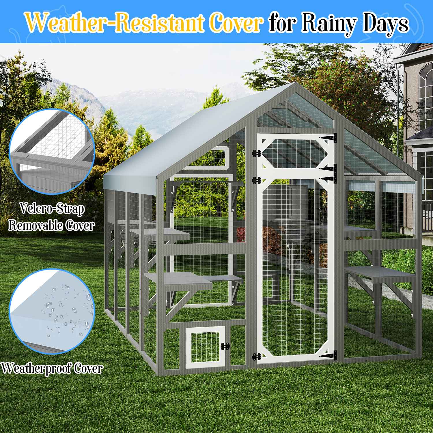 PETSCOSSET Extra Large Outdoor Catio, Weatherproof Walk-In Cat Enclosure with Bridges, Full Cover, 8 Platforms & 2 Resting Boxes