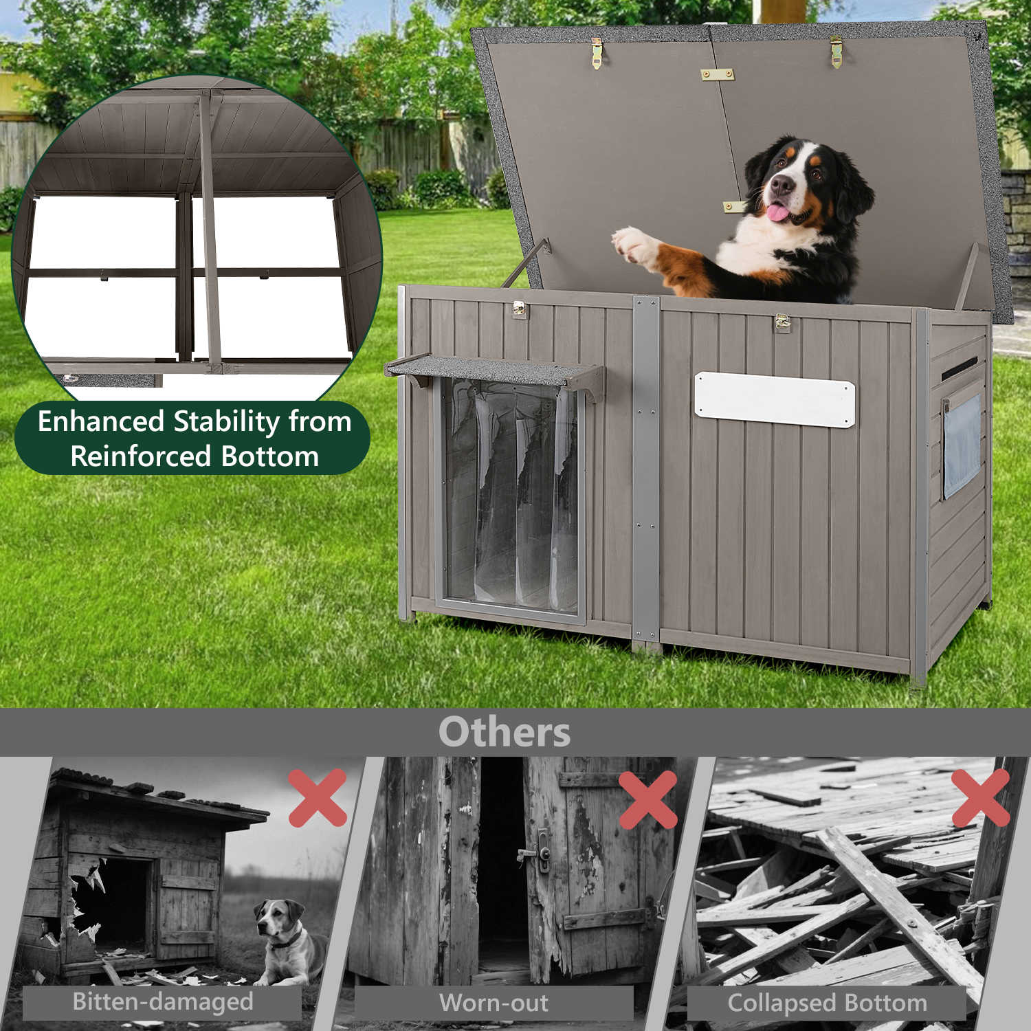 PETSCOSSET 55" XL Wooden Outdoor Dog House, Weatherproof Shelter for Large Dogs Up to 220lbs, Anti-Chew Frame, Window & Raised Base