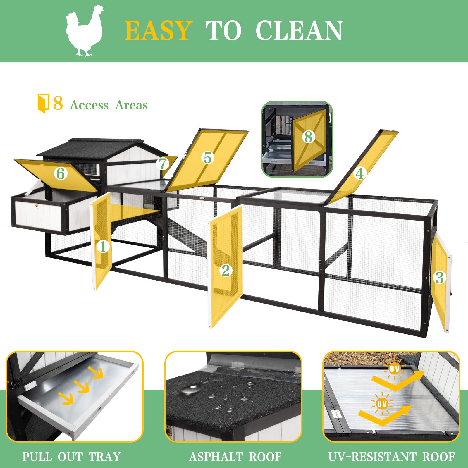 Large chicken coop with run for 4–12 chickens, includes 4 nesting boxes - PET27