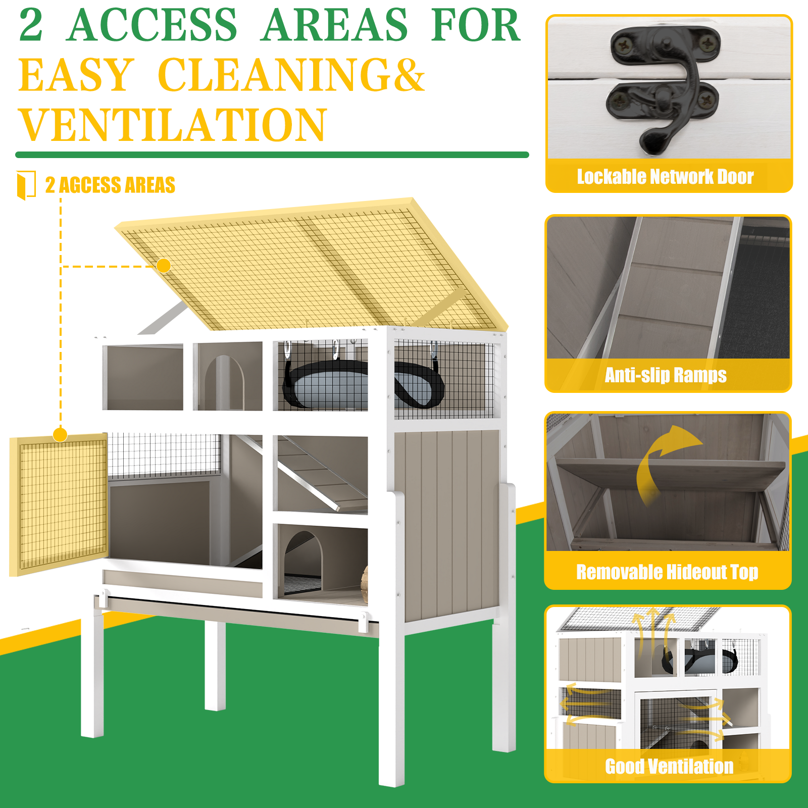 3-Tier Wooden Hamster Cage with Stand, Large Guinea Pig Cage & Rabbit Hutch Habitat, Deep Pull-Out Tray, Indoor Small Animal House, Grey