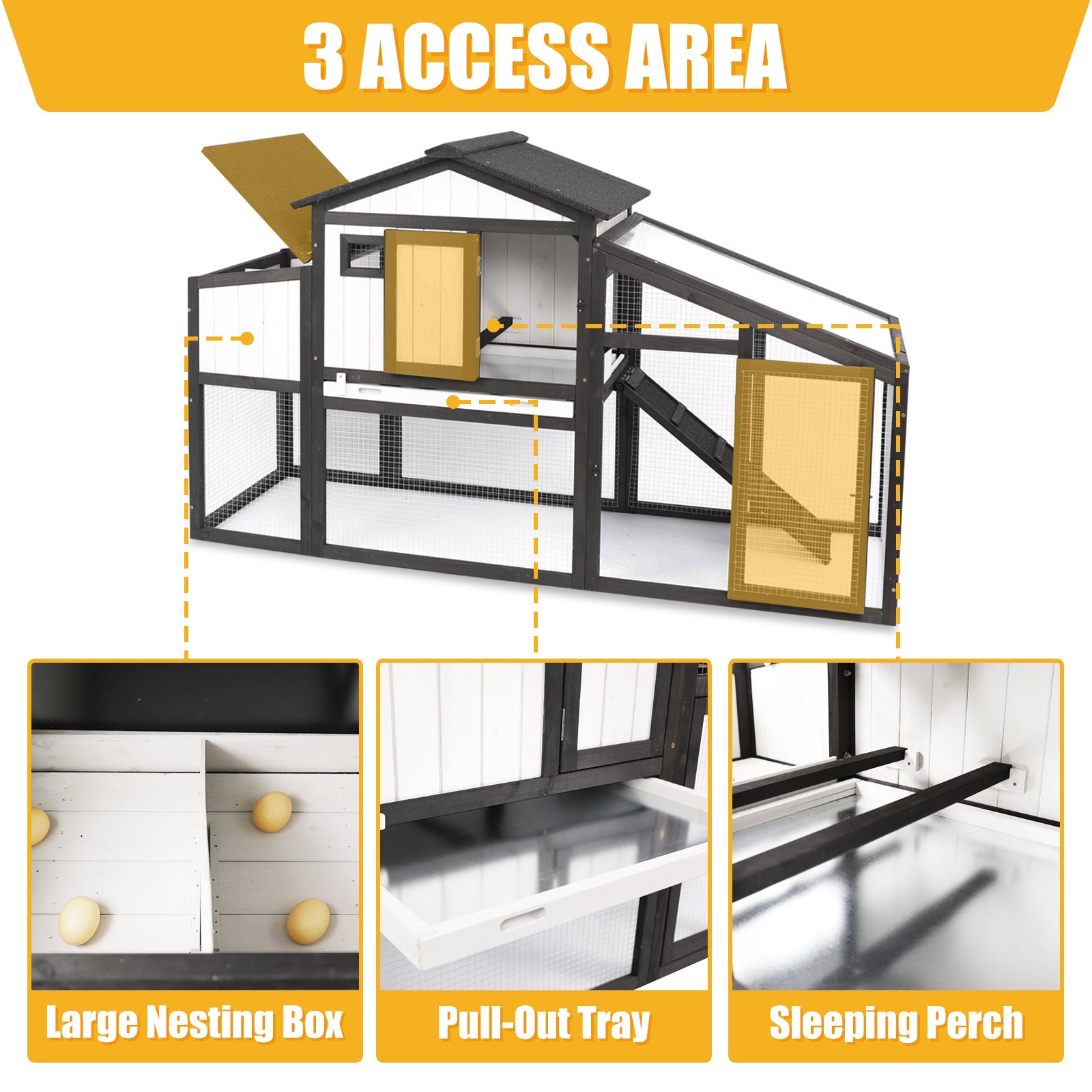 65″L Wooden Hen House with Nesting Box, Run,UV Panel-PET06-BLACKWHITE
