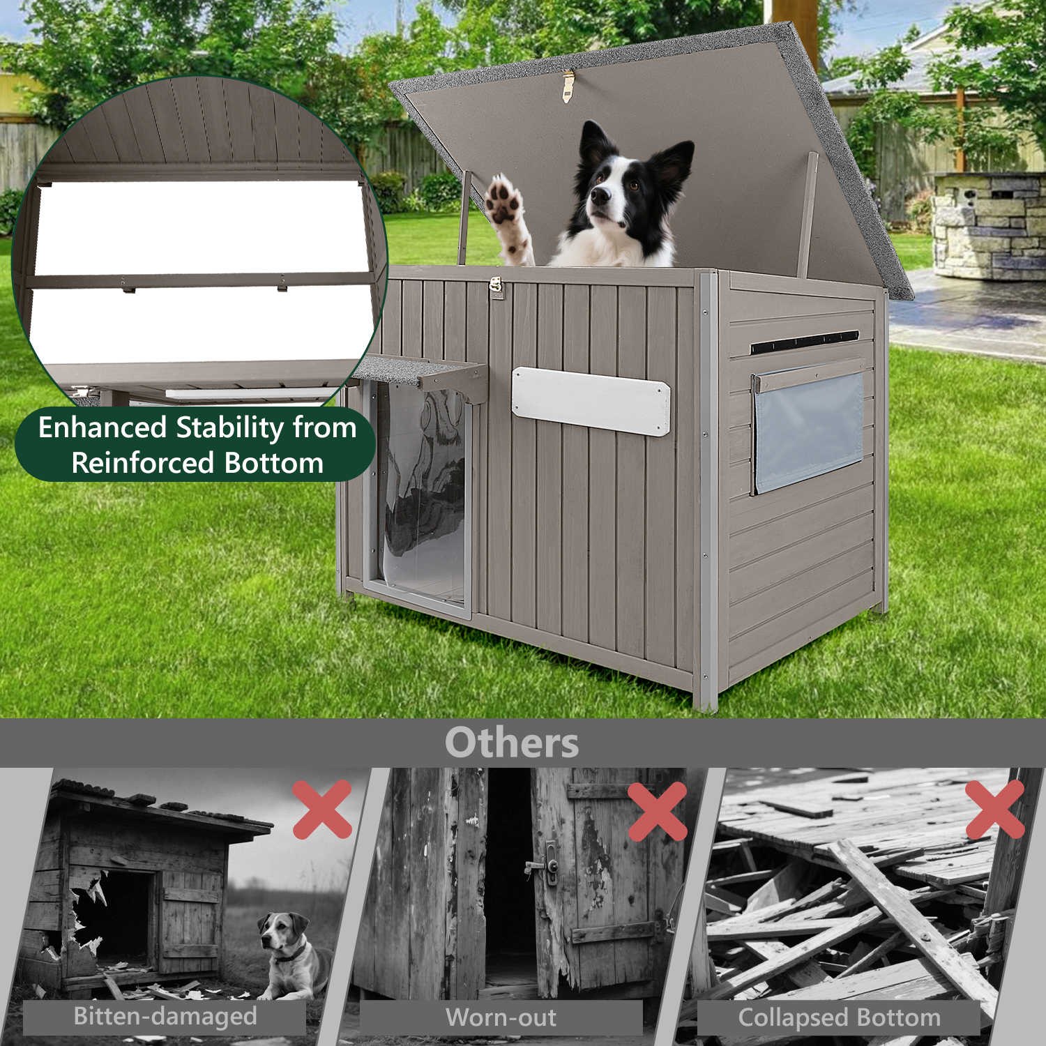 PETSCOSSET 43.3" Large Outdoor Dog House, Weatherproof Wooden Kennel for Dogs Up to 180lbs, Anti-Chew Frame, Window & Raised Base