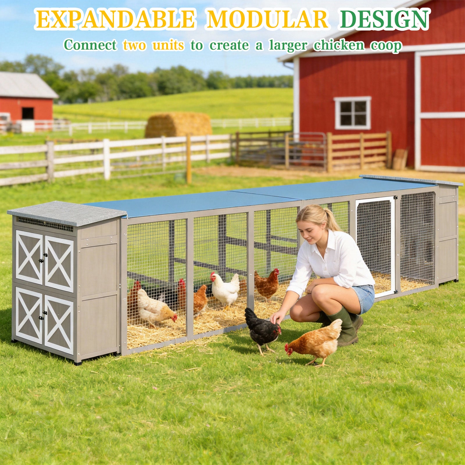 Large 6-Nest Chicken Coop with Run, Waterproof Cover for 4-6 Hens-PET28