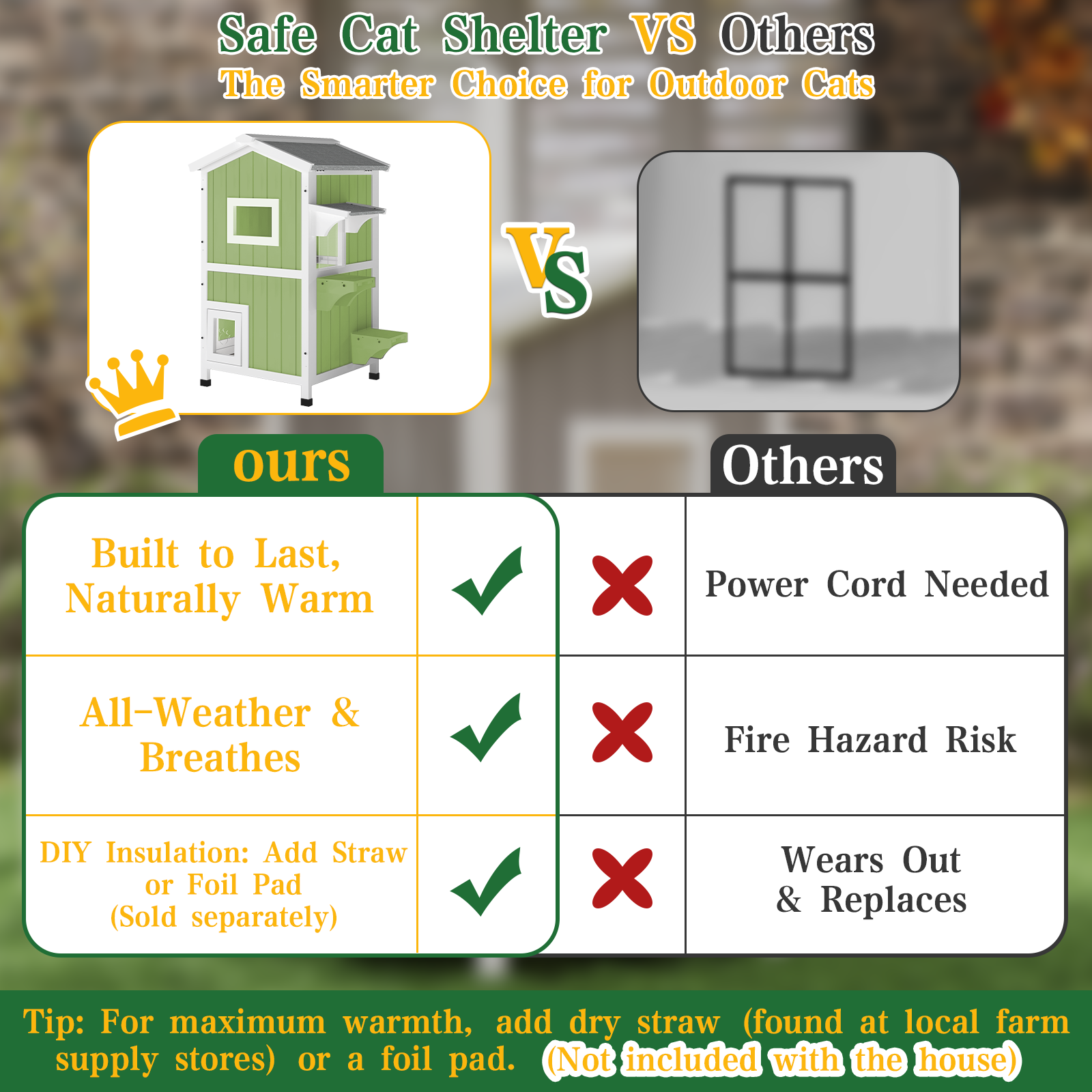 Outdoor Two-Story Weatherproof Wooden Feral Cat Shelter-04-GREENWHITE