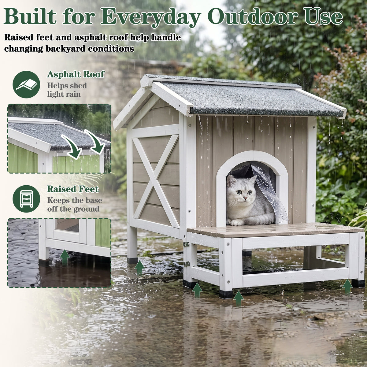 Outdoor Cat House with Balcony, Openable Roof & Escape Door - Weatherproof Wooden Shelter-PET70