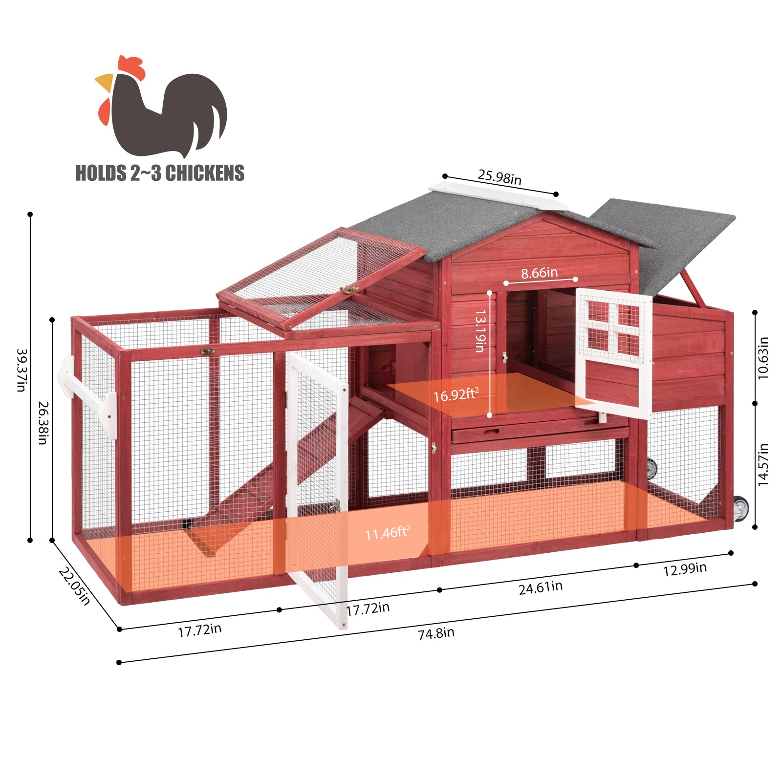 78.7″ Combinable Wooden Chicken Coop with Wheels & Run-PET21W-REDWHITE