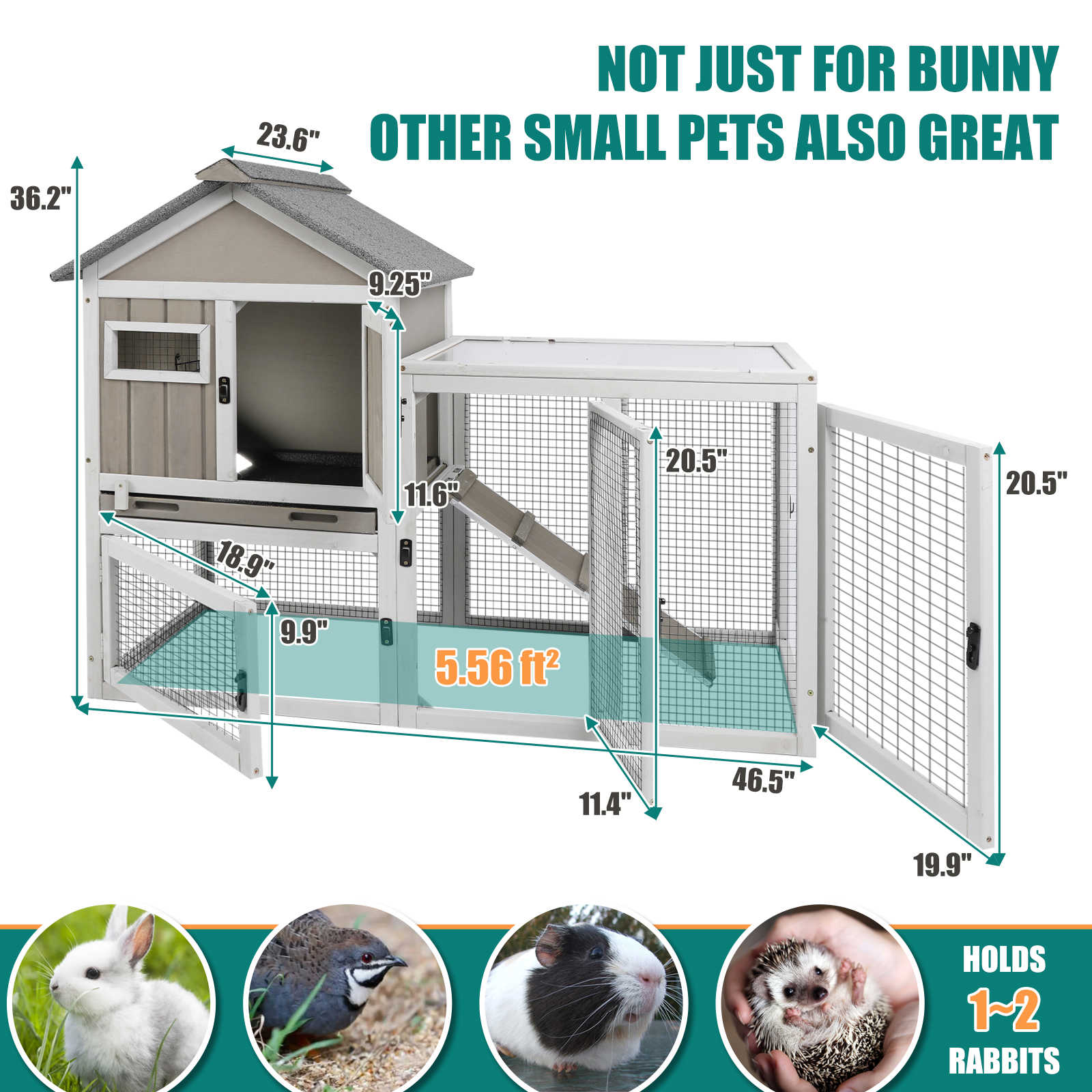 PETSCOSSET 48" Wooden Rabbit Hutch, 2-Story Bunny Cage for Indoors & Outdoors, Waterproof with Tray & Ramp