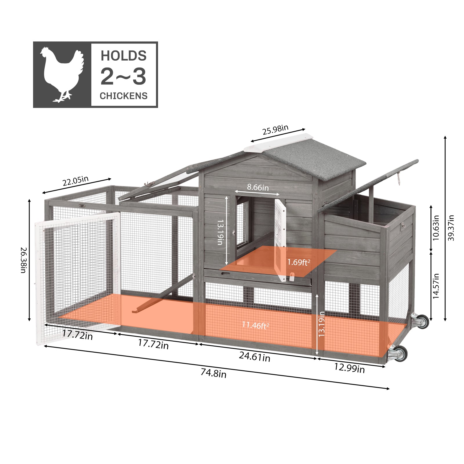 78.7 Combinable Wooden Chicken House with Wheels& Run-PET21W-GREYWHITE