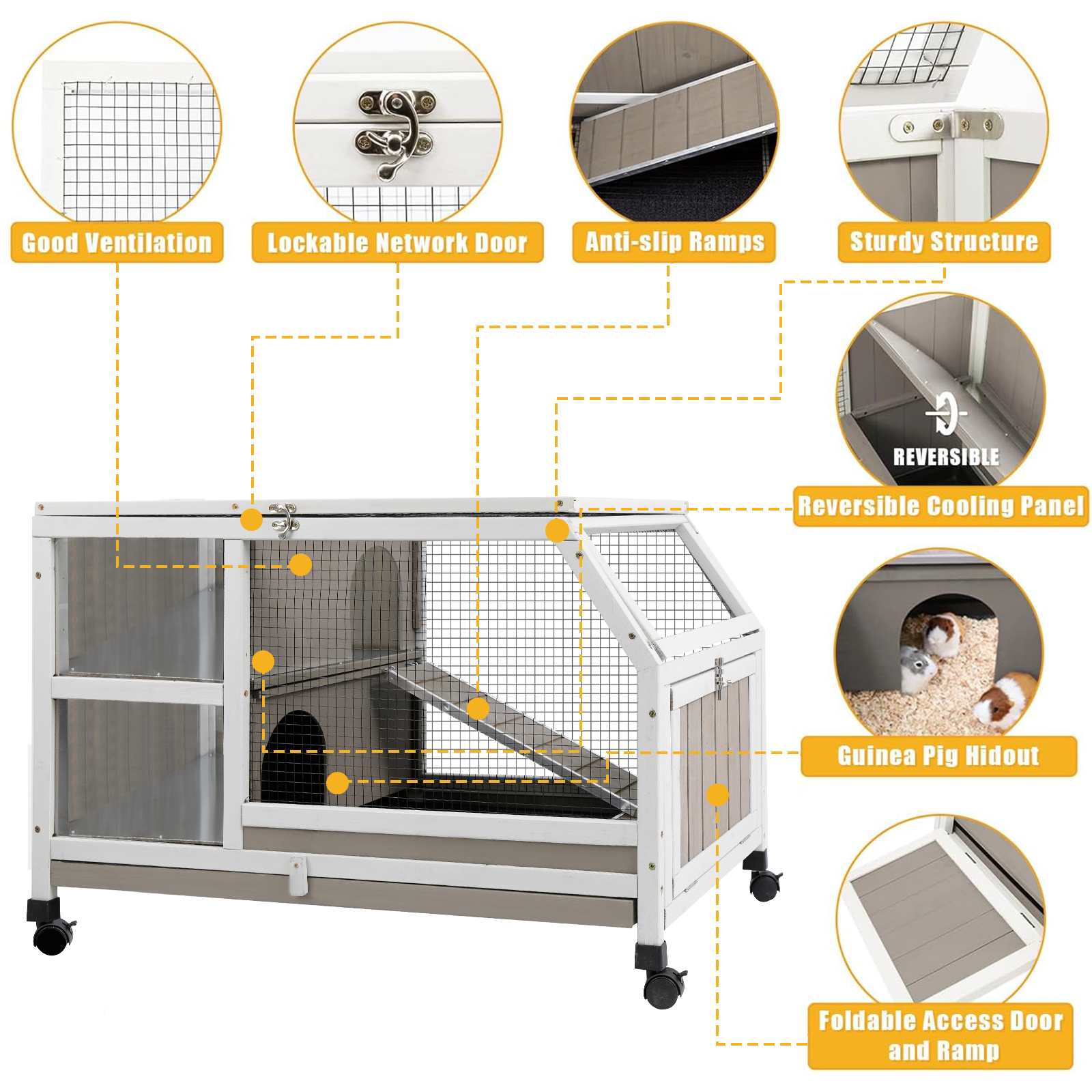 PETSCOSSET Indoor Guinea Pig Cage on Wheels, Large Small Animal Habitat with Ramp, Hideout & Deep Pull-Out Tray for Rabbit, Chinchilla, Rat
