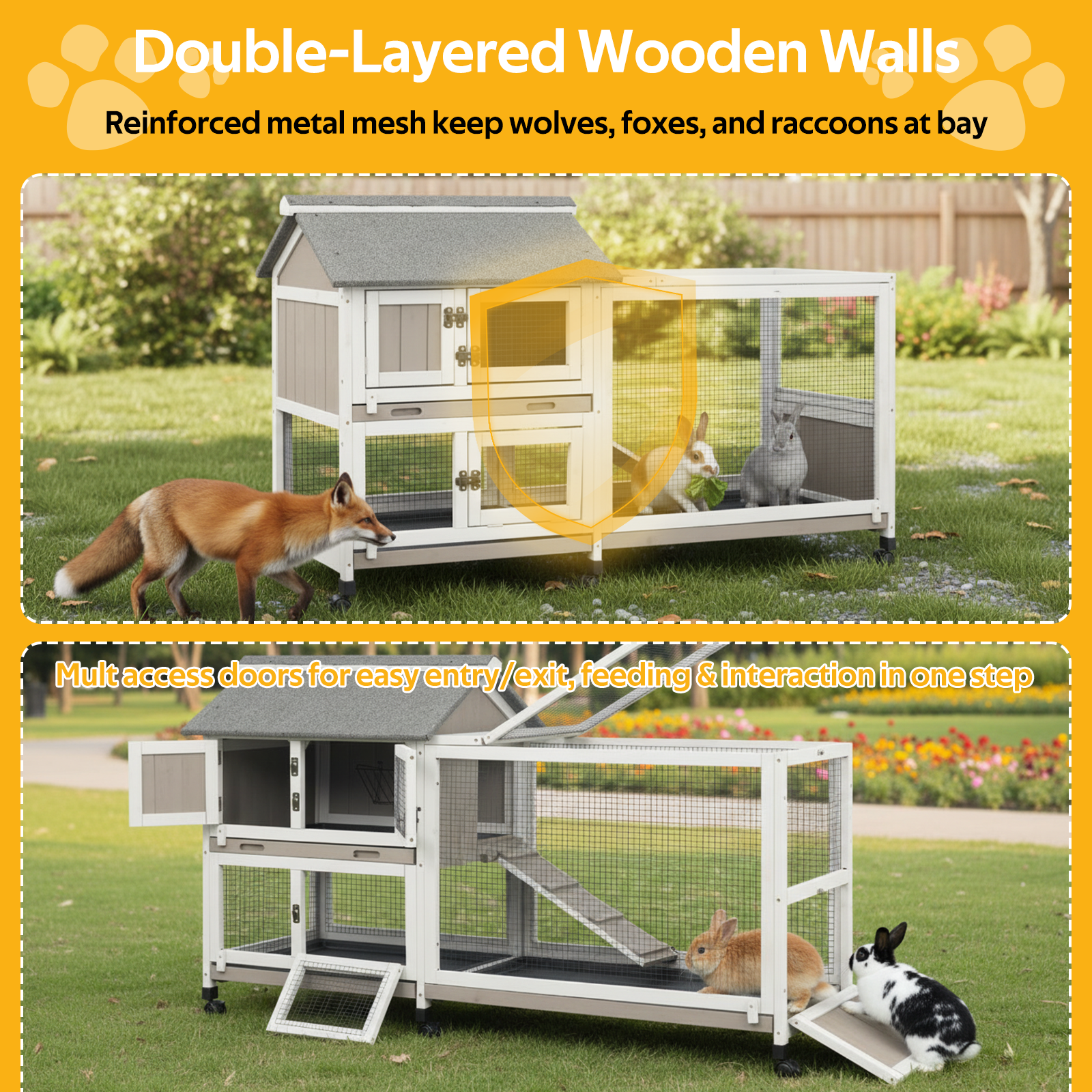 PETSCOSSET Rabbit Hutch Outdoor Indoor Bunny Hutch with Run 2-Story Large Rabbit Cage on 6 Wheels, 3 Leak Proof Trays, Ramp, Waterproof Roof for Small to Medium Animals, Expandable Design
