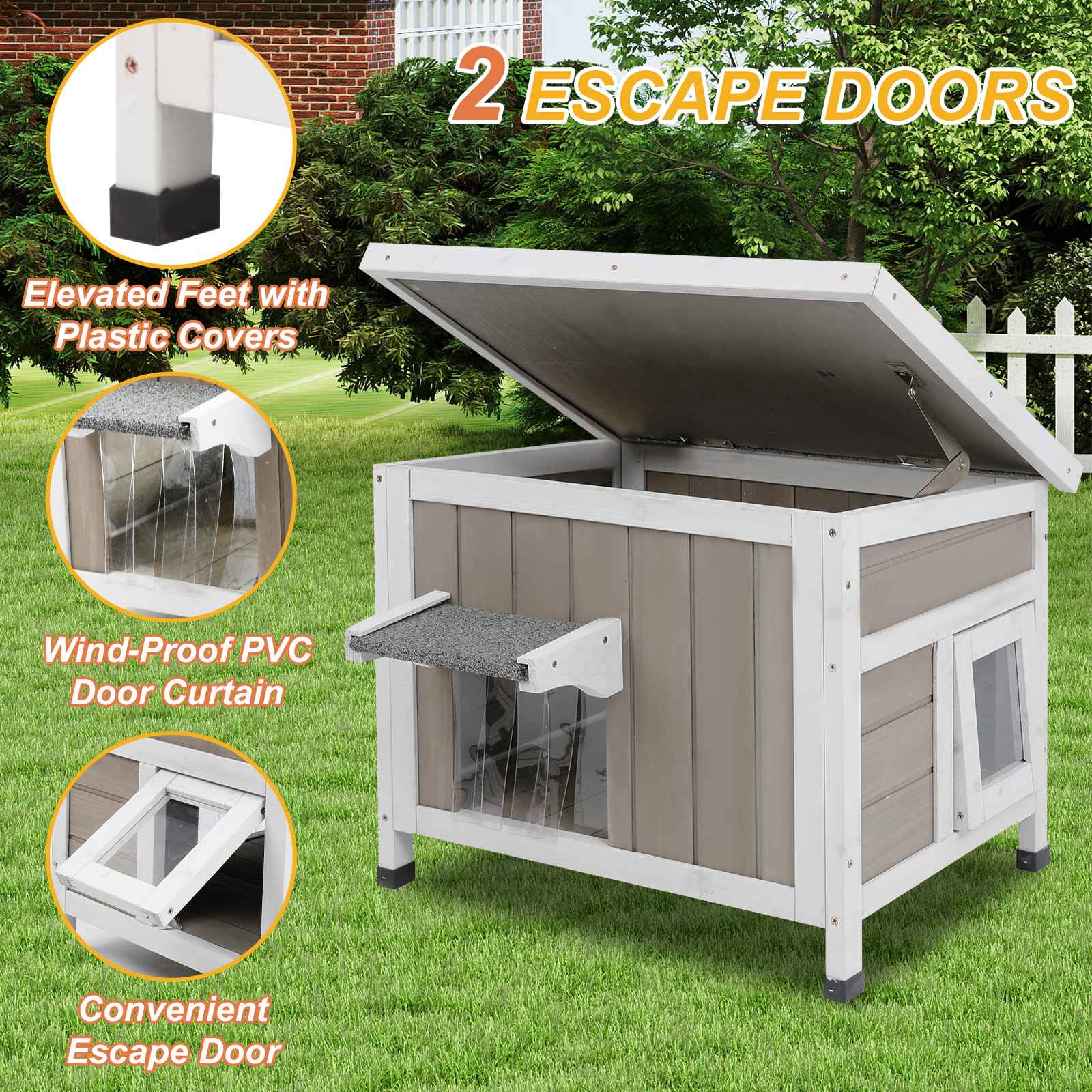 PETSCOSSET Outdoor Cat House for Feral Cats, Weatherproof Wooden Shelter with Open Roof, Easy to Assemble, 22.4"x18.4"x17.5"