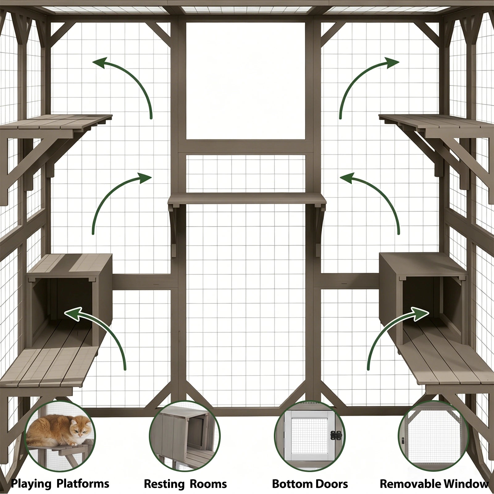PETSCOSSET 71″ Catio Outdoor Cat Enclosure Large Wooden Cat House with 5 Platforms for Multiple Cats,Wood