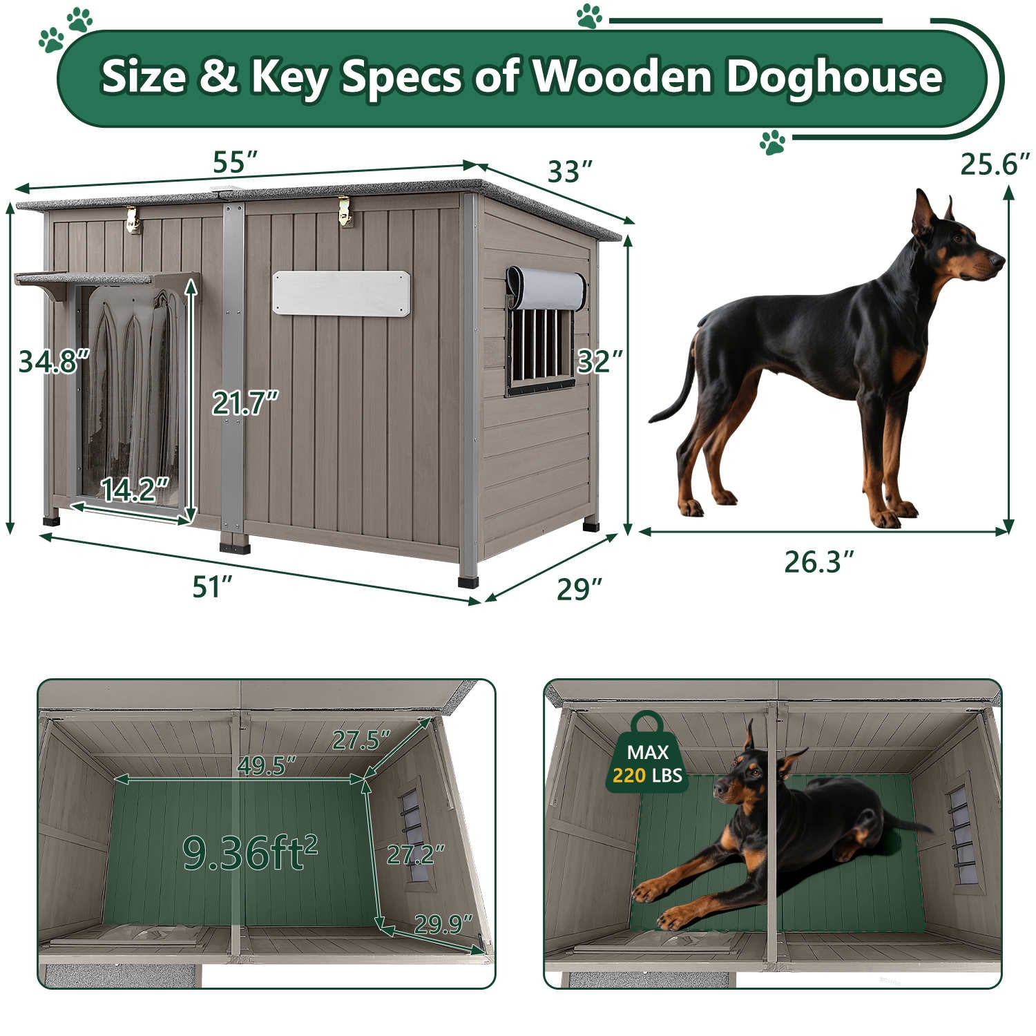 PETSCOSSET 55" XL Wooden Outdoor Dog House, Weatherproof Shelter for Large Dogs Up to 220lbs, Anti-Chew Frame, Window & Raised Base