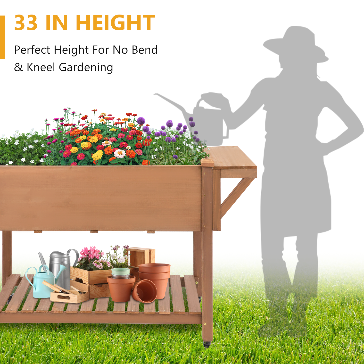 Side view of elevated planter box with lower storage shelf